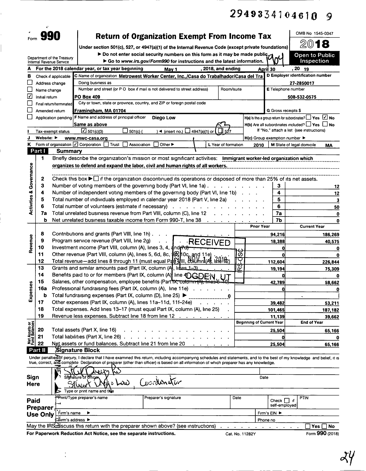 Image of first page of 2018 Form 990 for Metrowest Worker Center Inccasa Do Trabalhador / Casa Del Trabajador