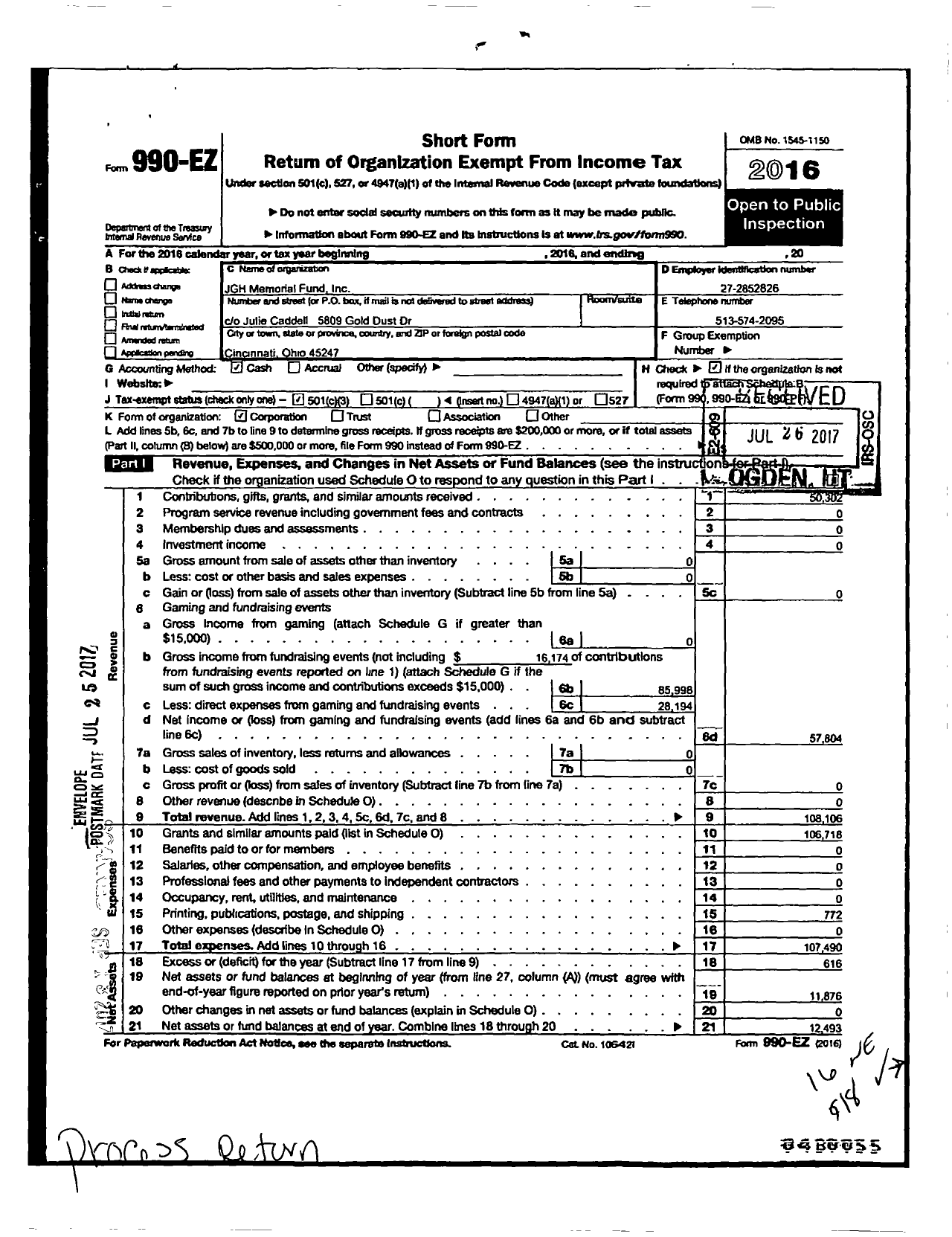 Image of first page of 2016 Form 990EZ for JGH Memorial Fund