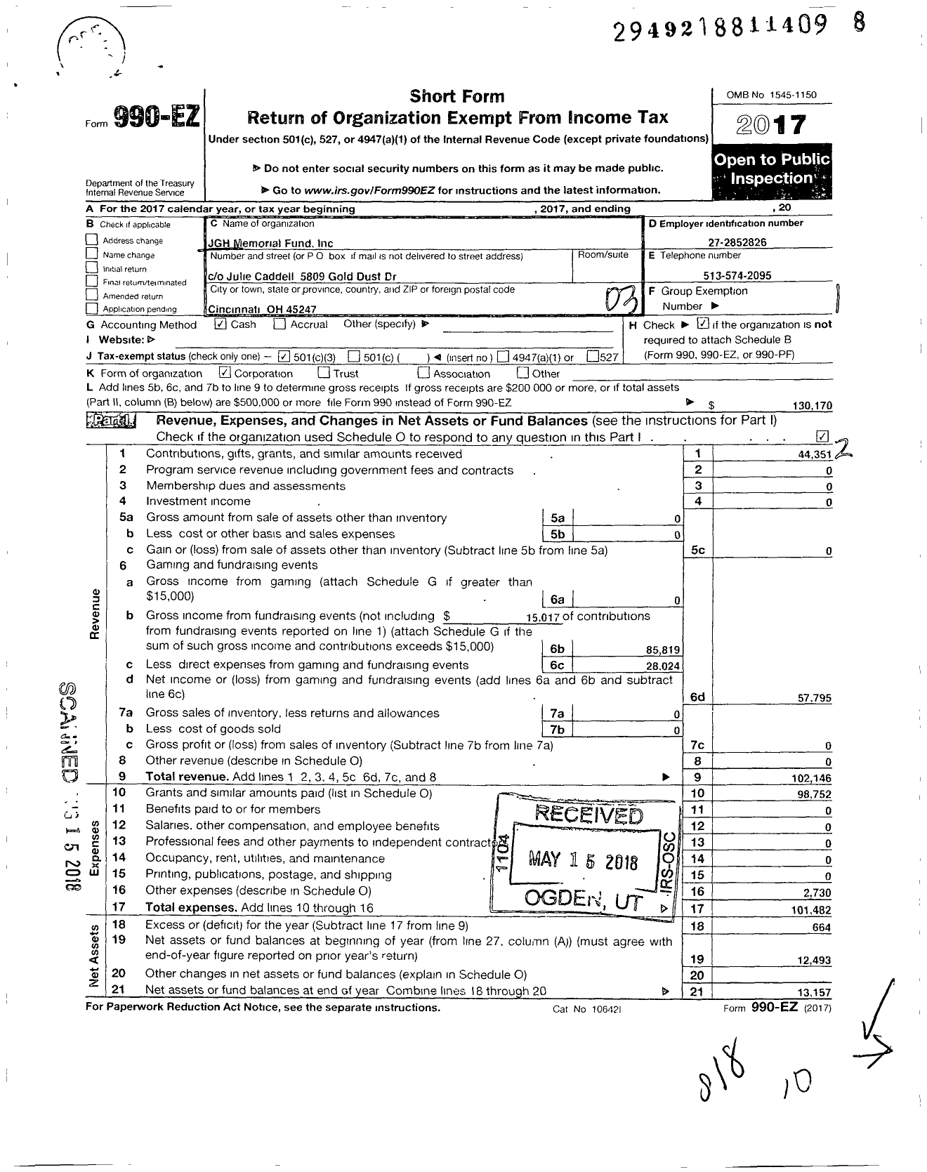 Image of first page of 2017 Form 990EZ for JGH Memorial Fund