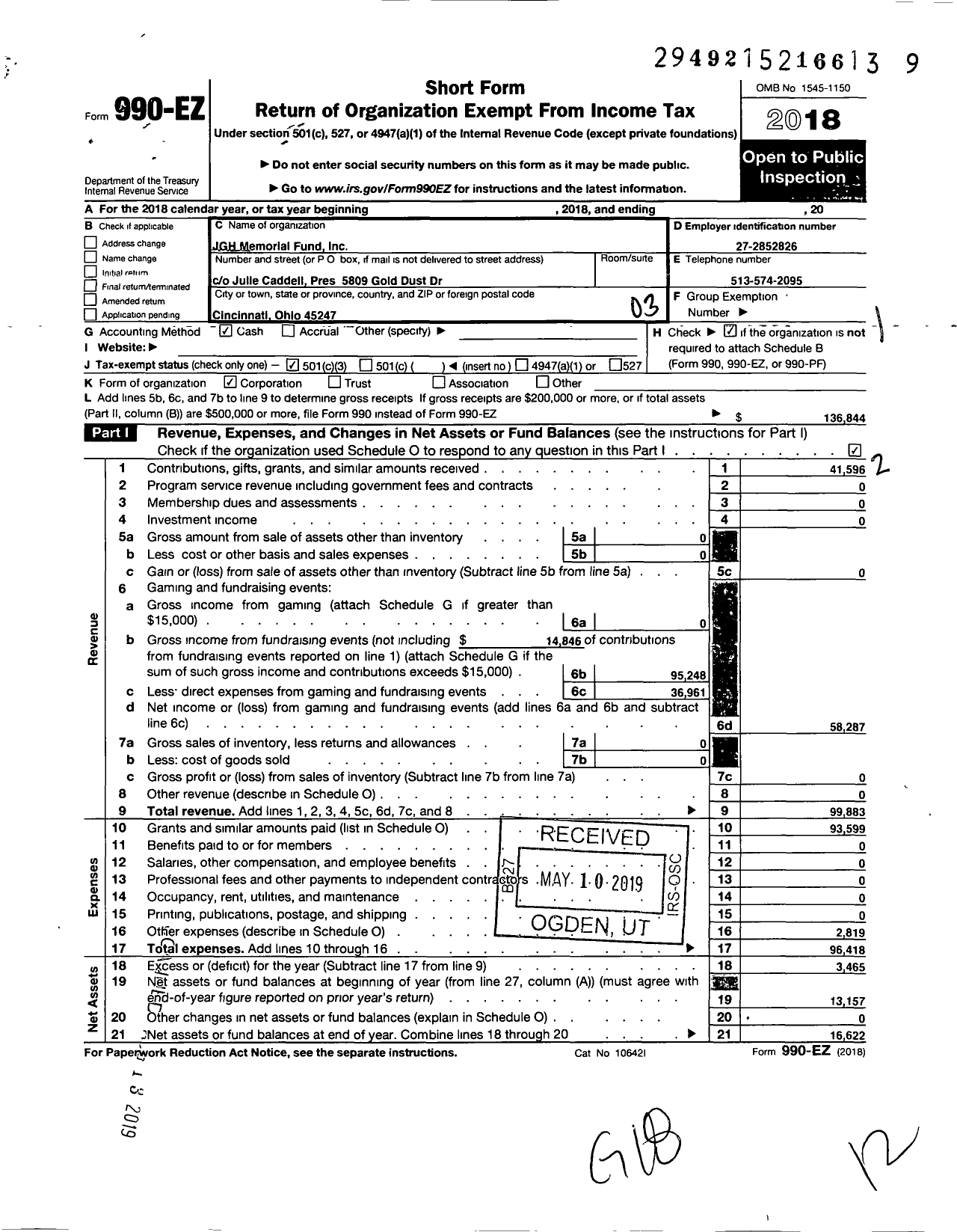 Image of first page of 2018 Form 990EZ for JGH Memorial Fund