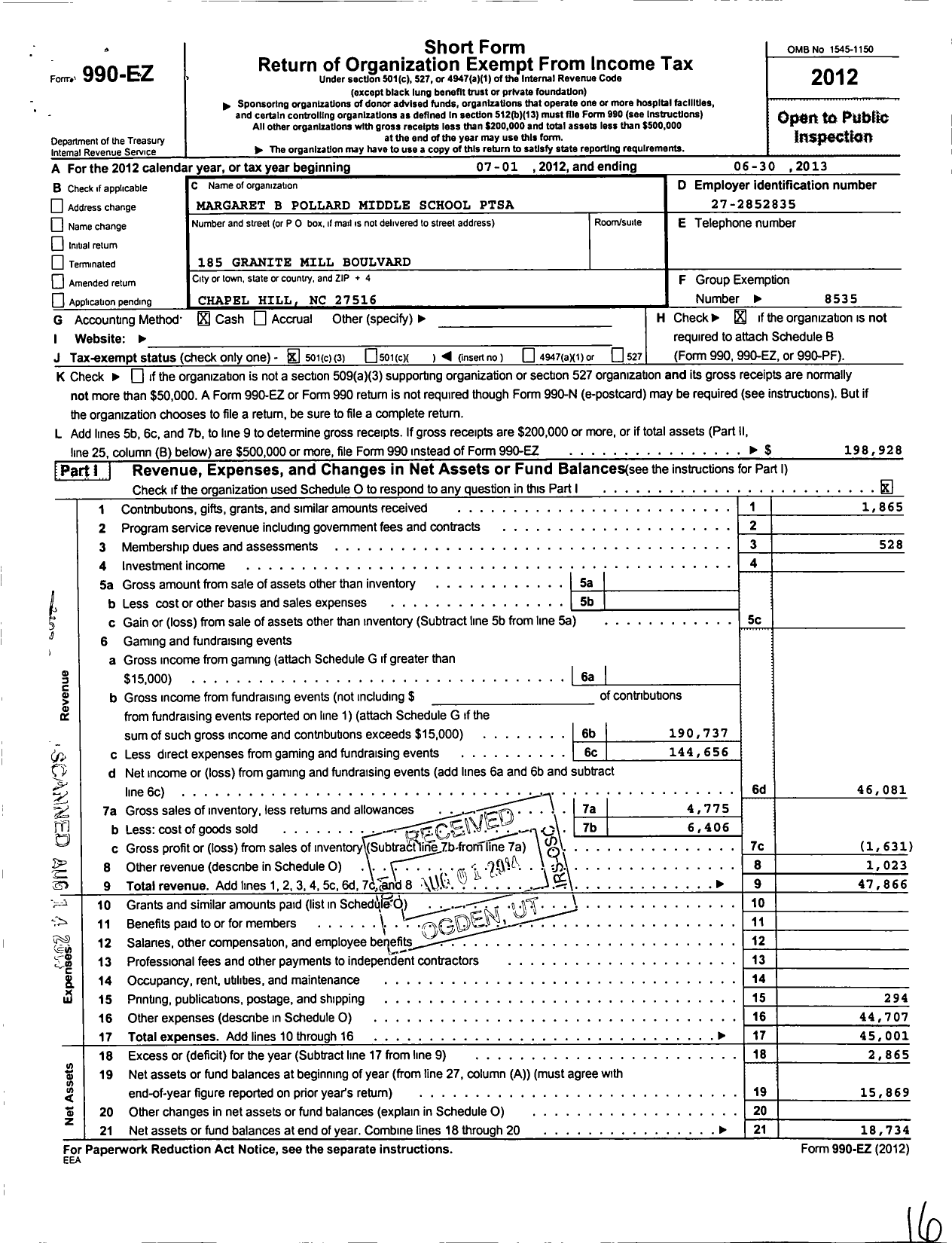 Image of first page of 2012 Form 990EZ for North Carolina PTA - Margaret B Pollard Middle School