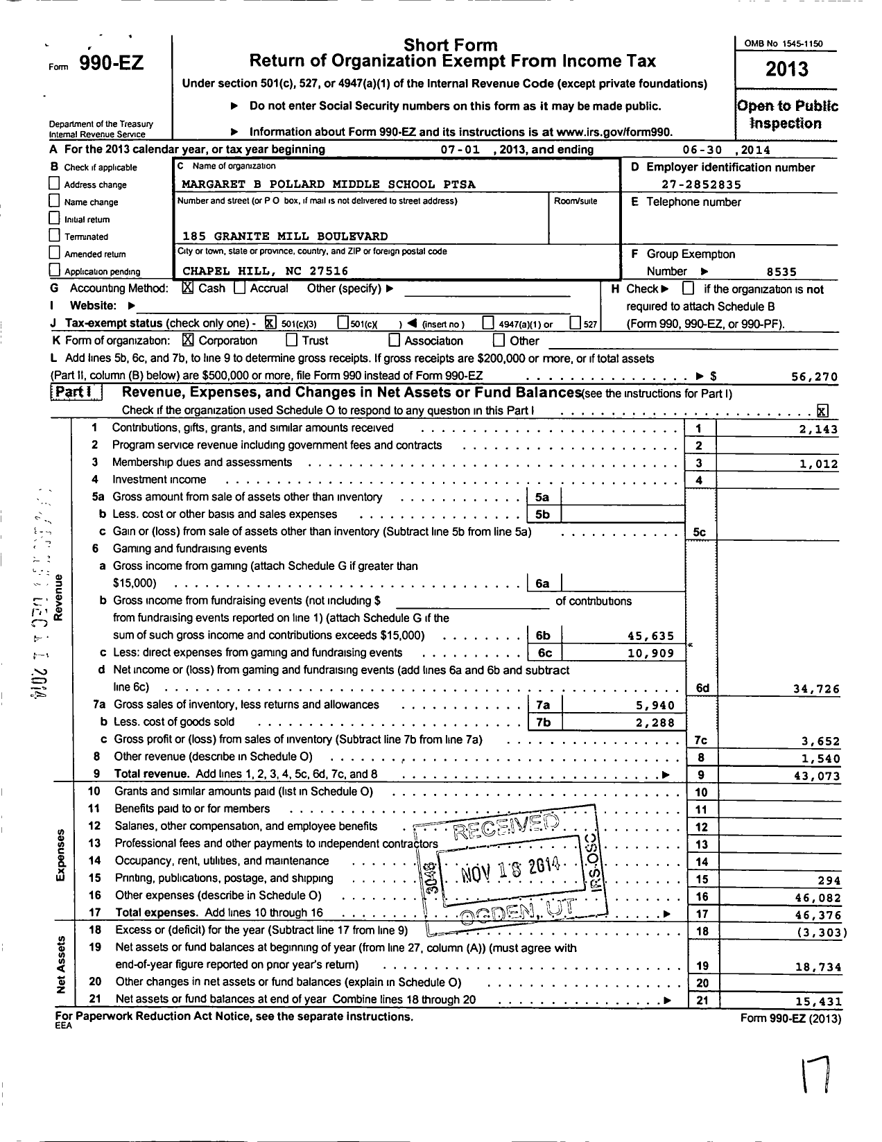 Image of first page of 2013 Form 990EZ for North Carolina PTA - Margaret B Pollard Middle School