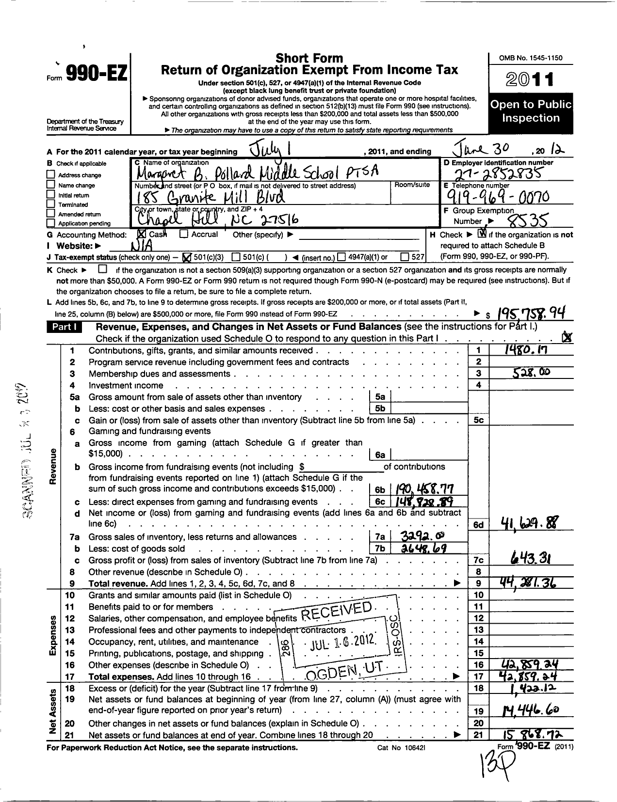 Image of first page of 2011 Form 990EZ for North Carolina PTA - Margaret B Pollard Middle School