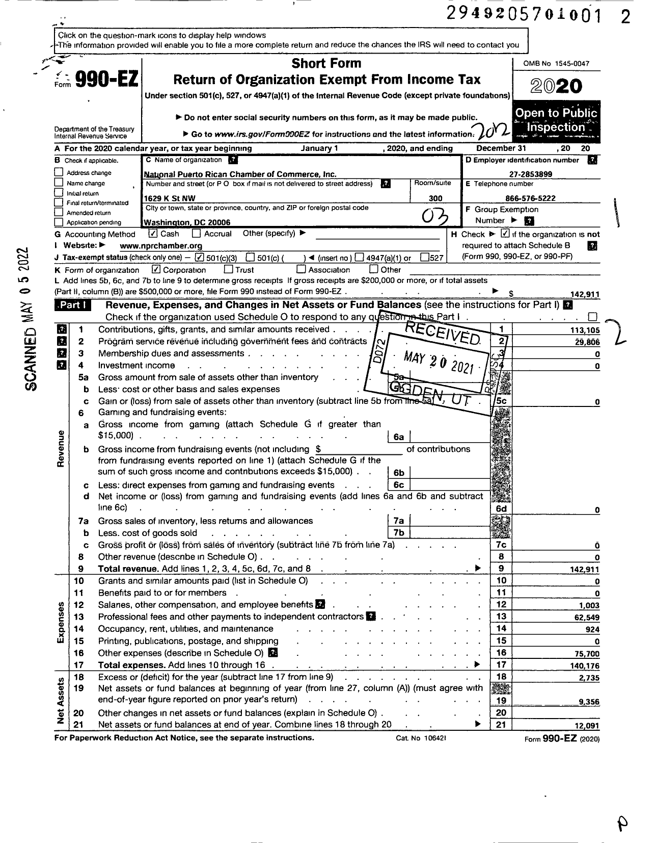 Image of first page of 2020 Form 990EZ for National Puerto Rican Chamber of Commerce