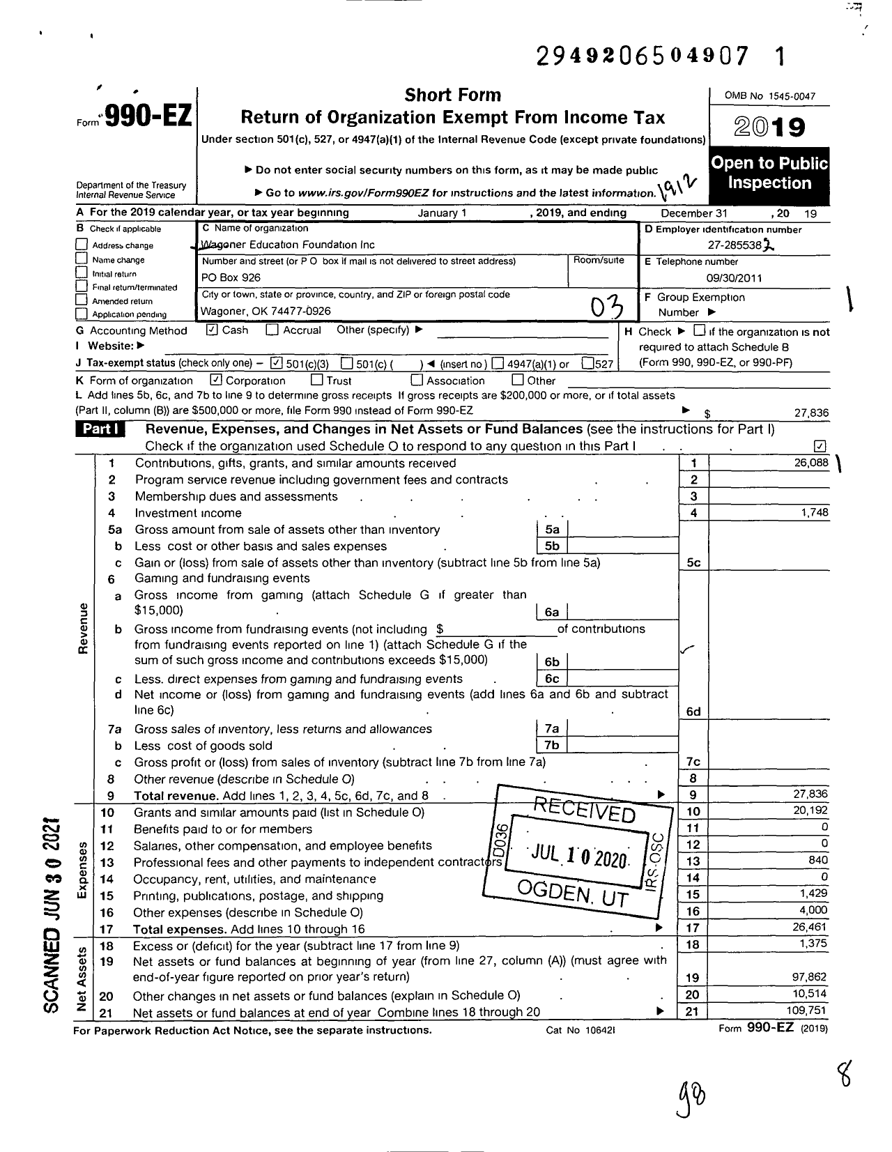 Image of first page of 2019 Form 990EZ for Wagoner Education Foundation