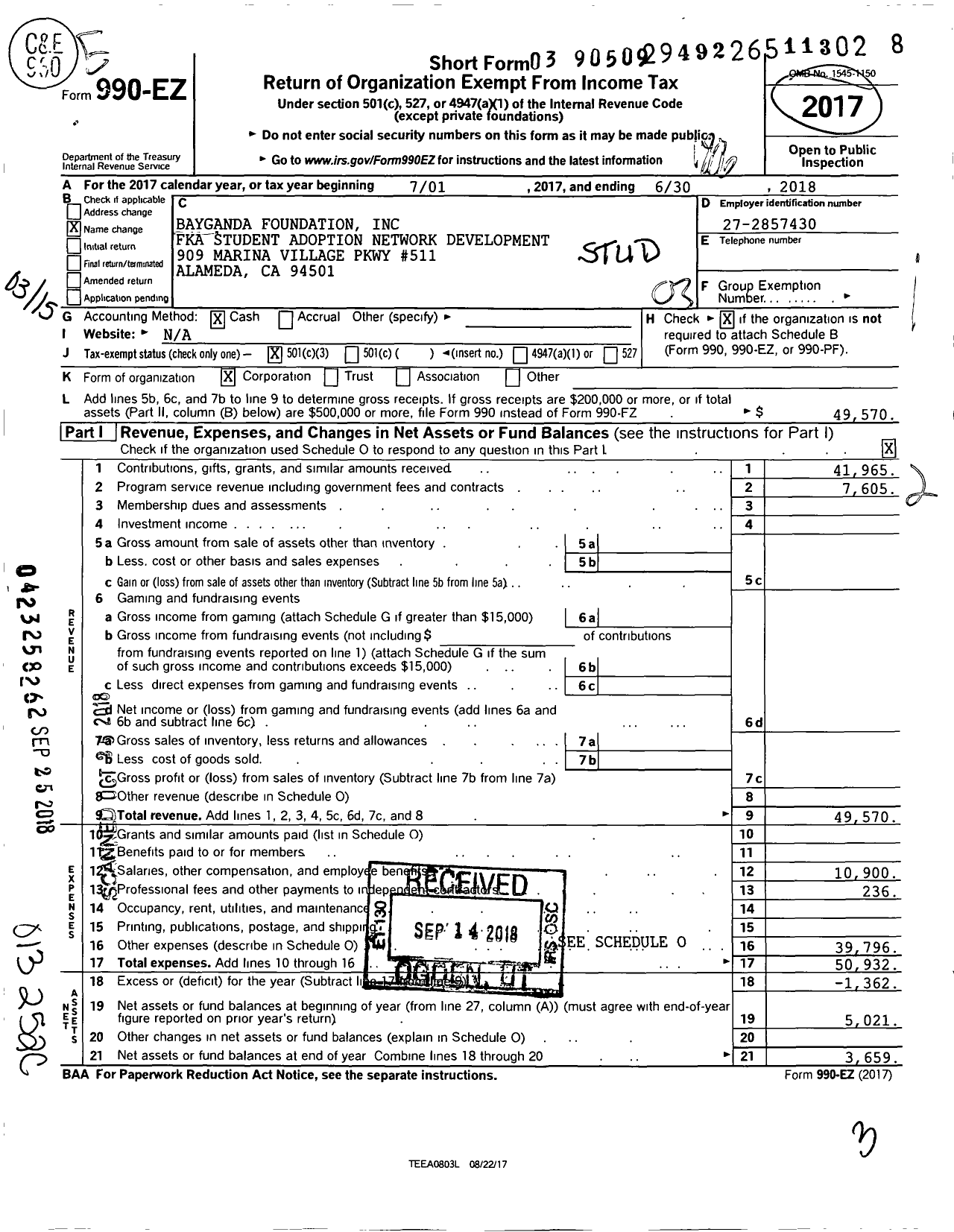 Image of first page of 2017 Form 990EZ for BayGanda Foundation