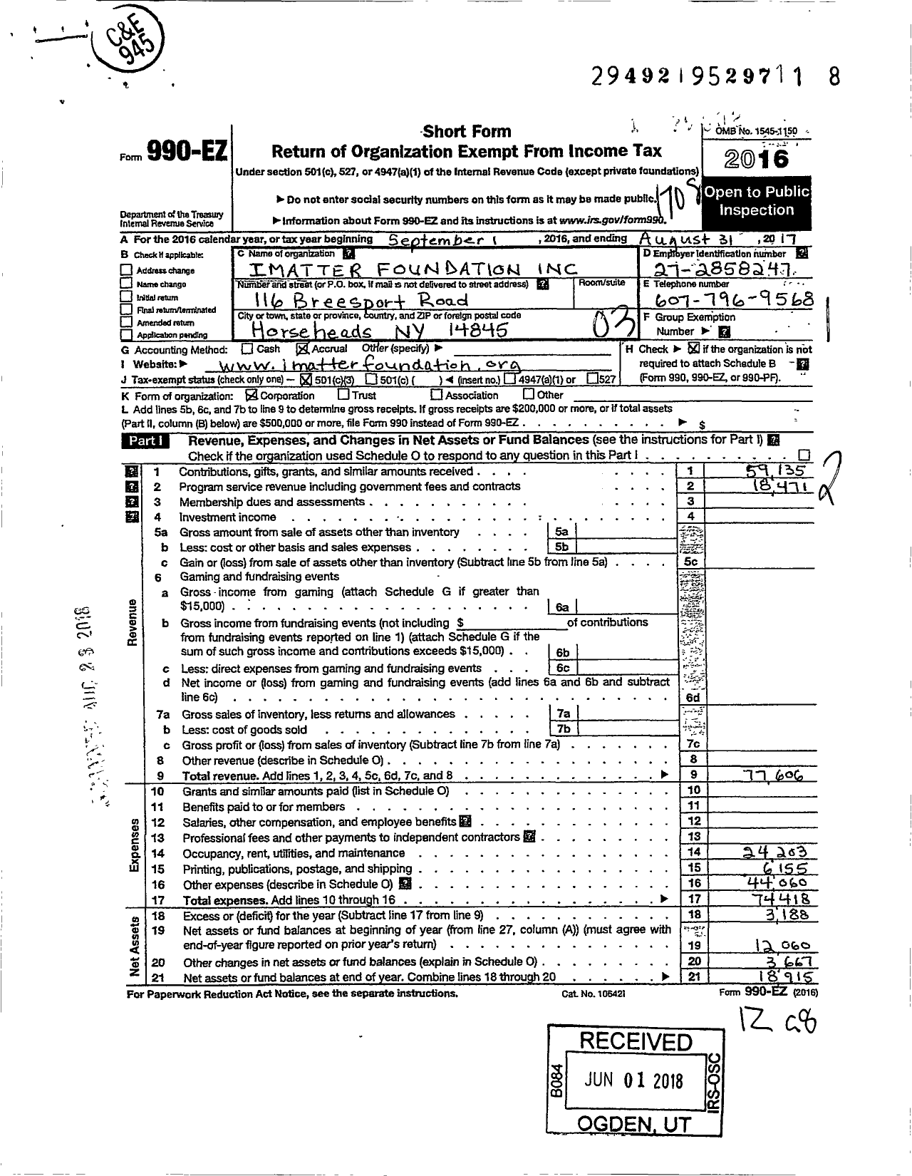 Image of first page of 2016 Form 990EZ for Imatter Foundation Incorporated