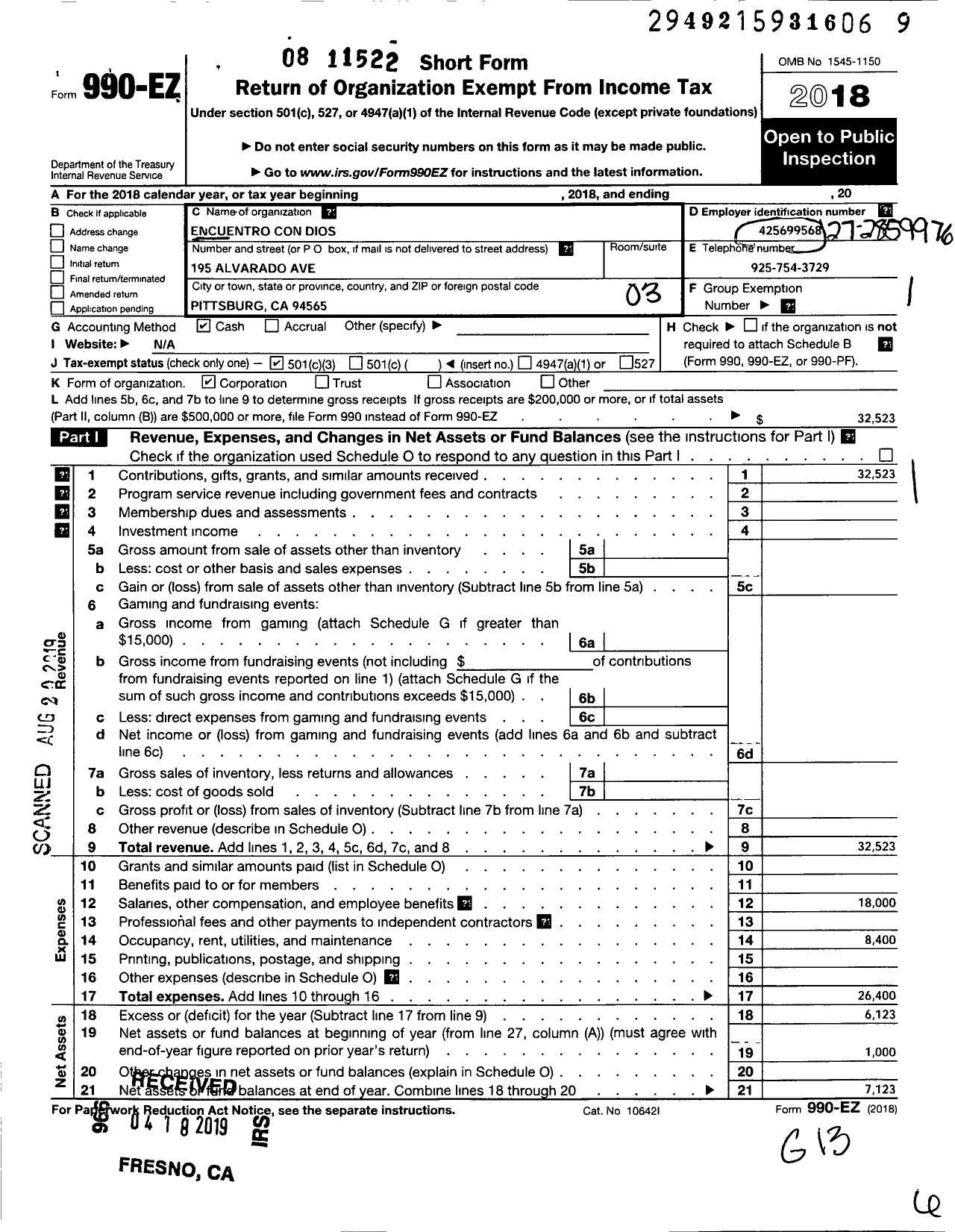 Image of first page of 2018 Form 990EZ for Encuentro Con Dios