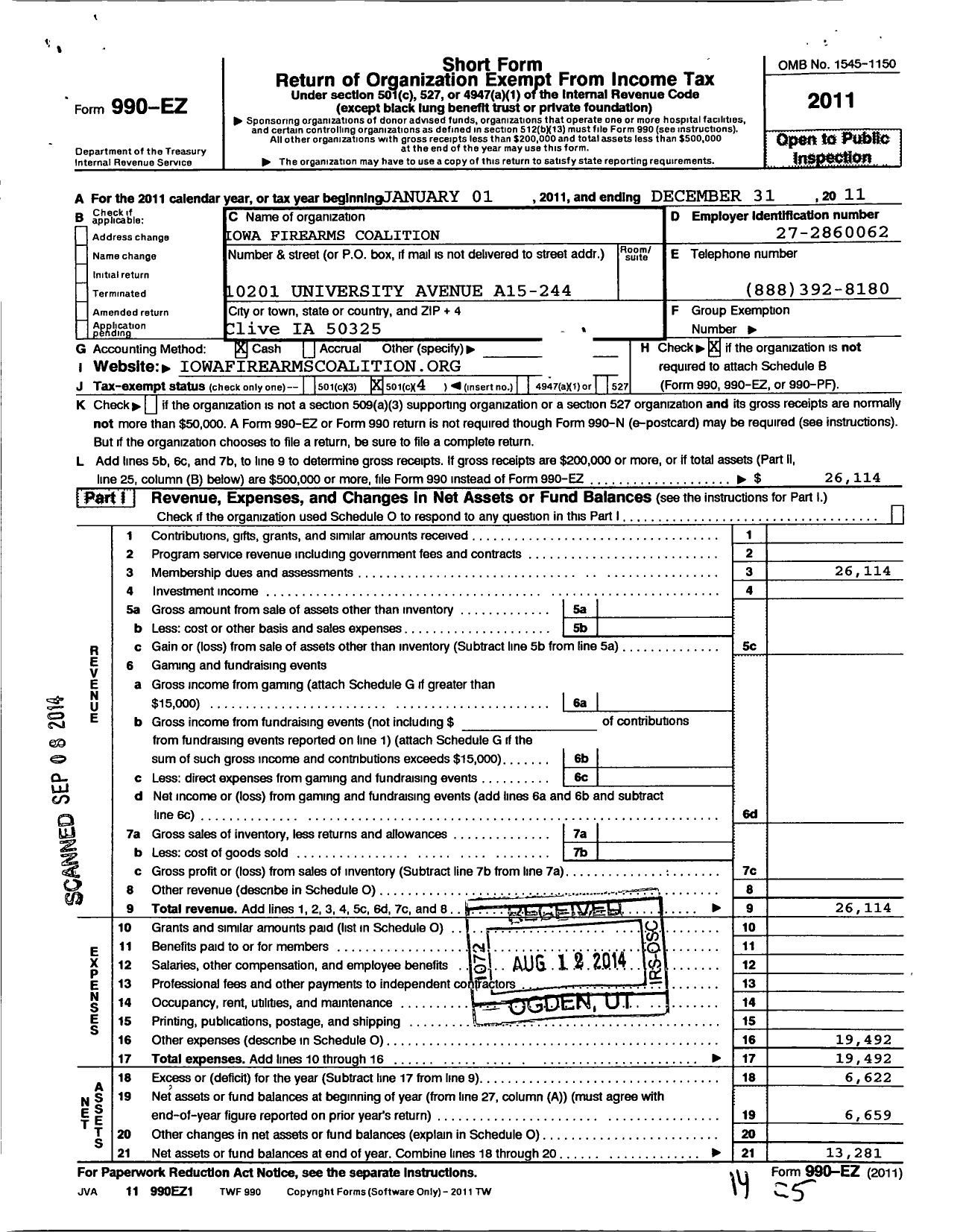 Image of first page of 2011 Form 990EO for Iowa Firearms Coalition