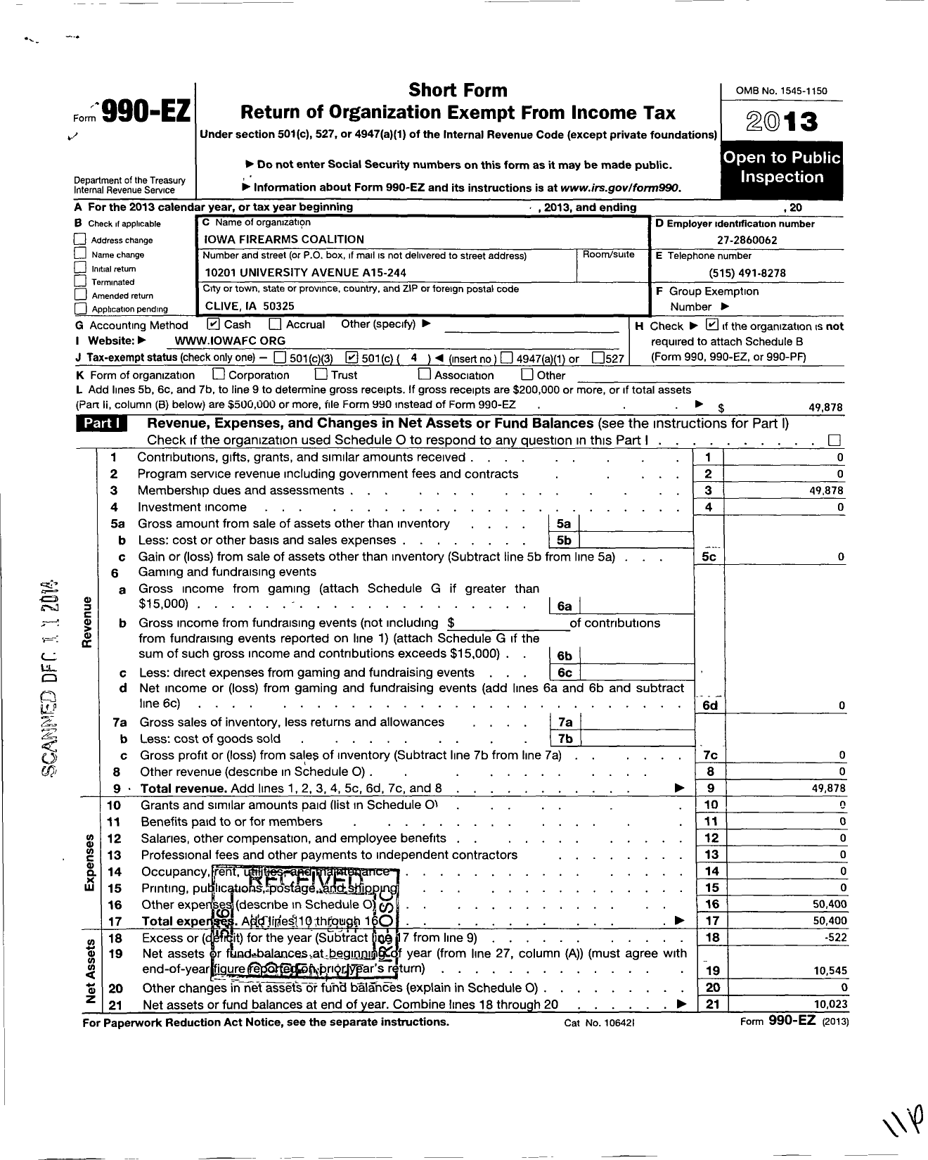 Image of first page of 2013 Form 990EO for Iowa Firearms Coalition