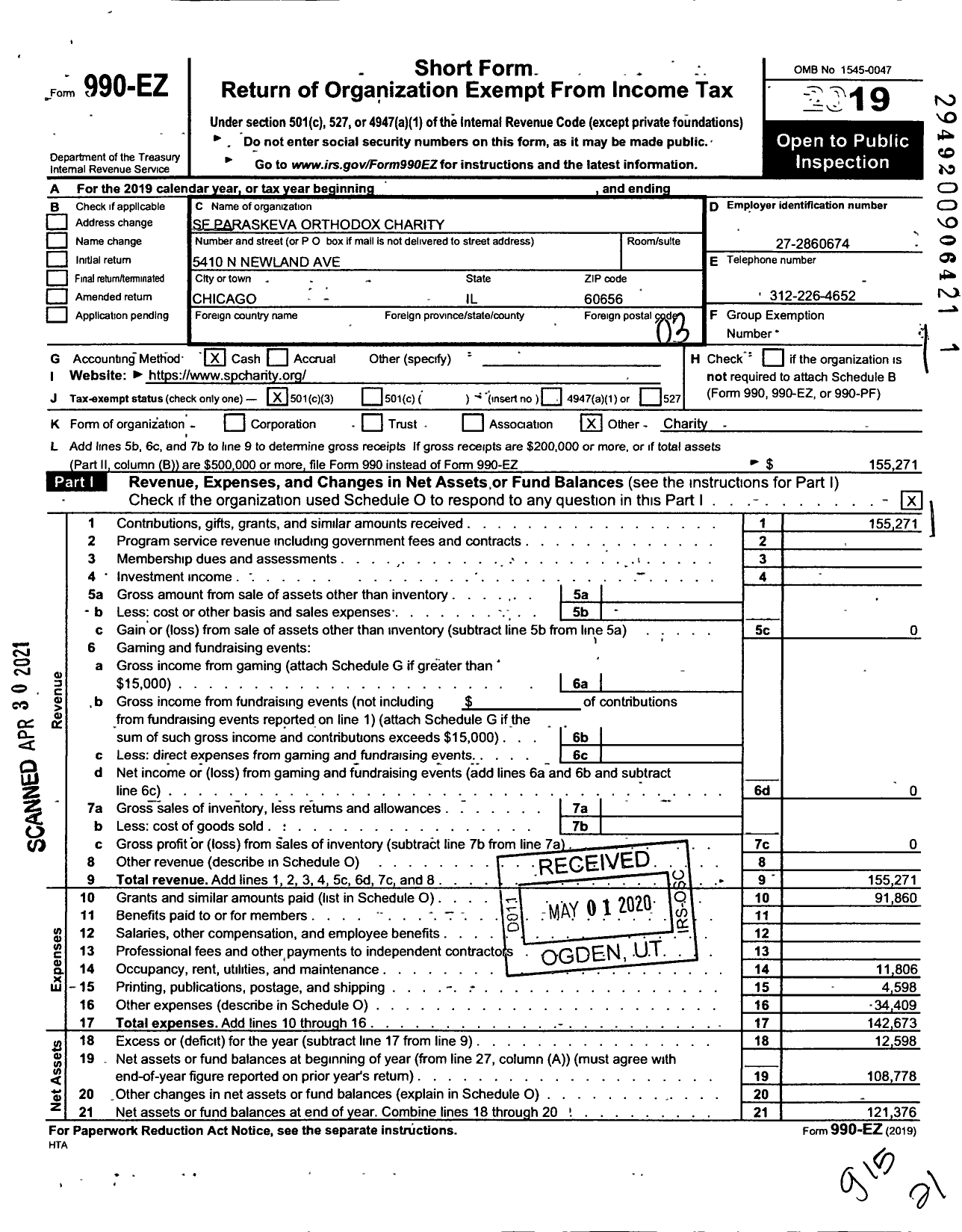 Image of first page of 2019 Form 990EZ for Saint Paraskeva Orthodox Charity Organization