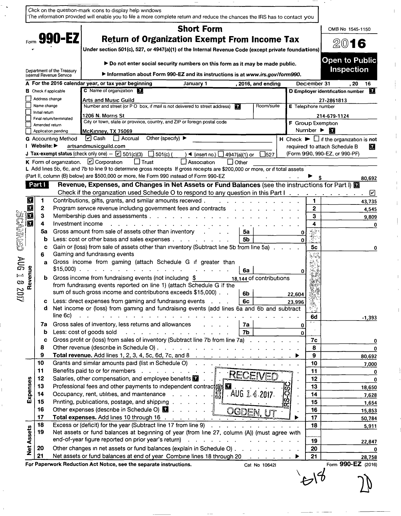 Image of first page of 2016 Form 990EZ for Arts and Music Guild