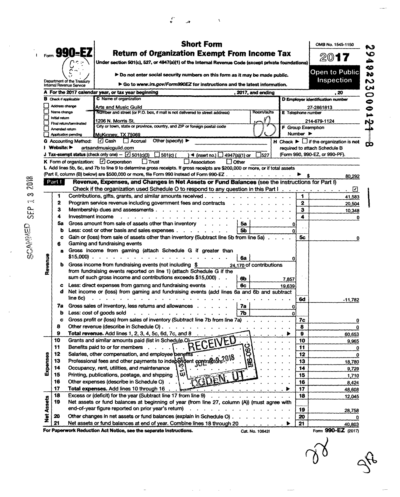 Image of first page of 2017 Form 990EZ for Arts and Music Guild