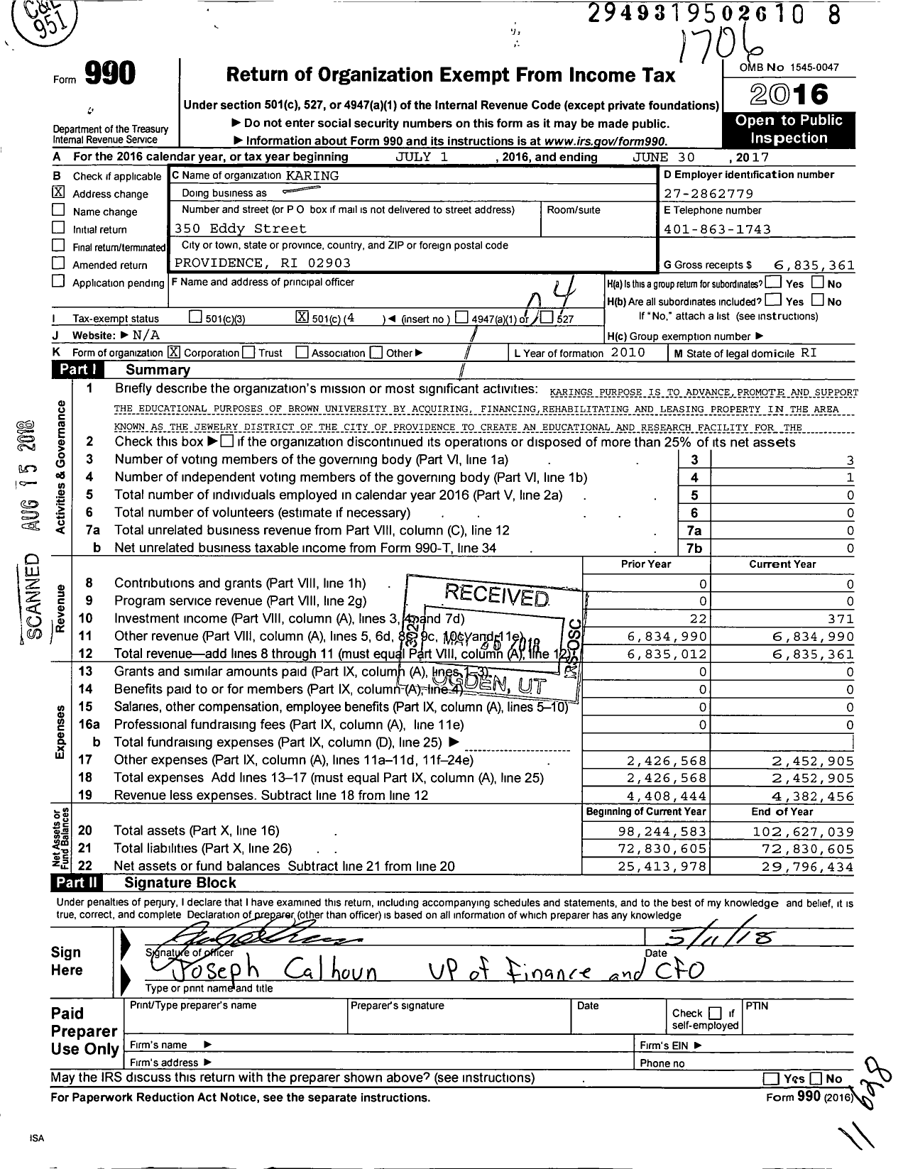 Image of first page of 2016 Form 990O for Karing