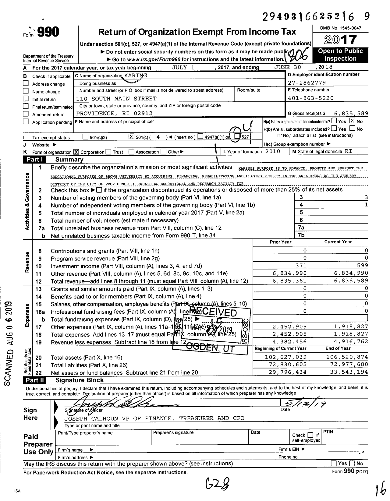 Image of first page of 2017 Form 990O for Karing