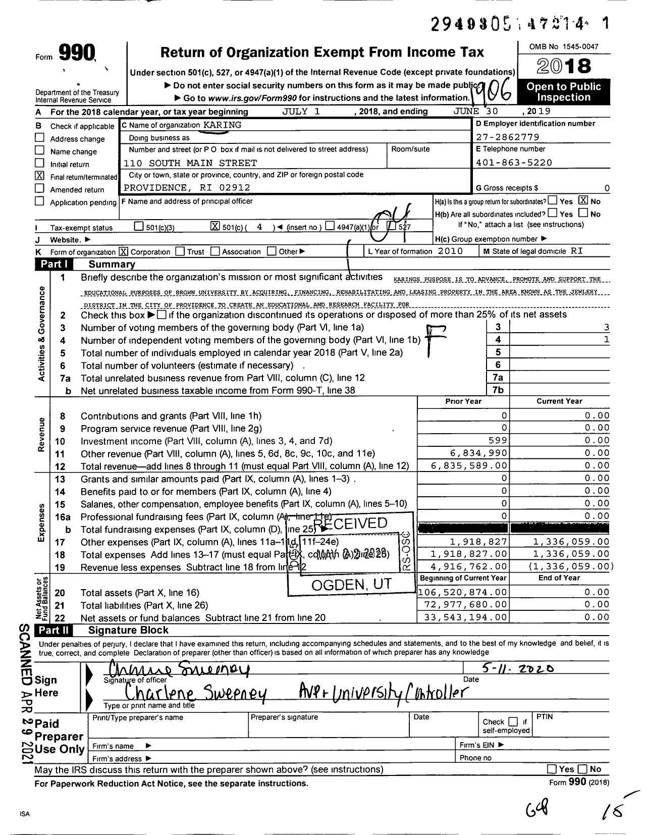Image of first page of 2018 Form 990O for Karing