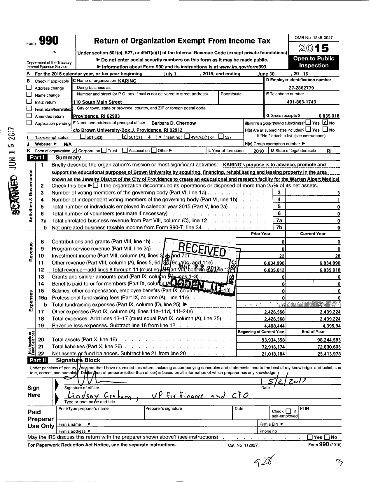 Image of first page of 2015 Form 990O for Karing