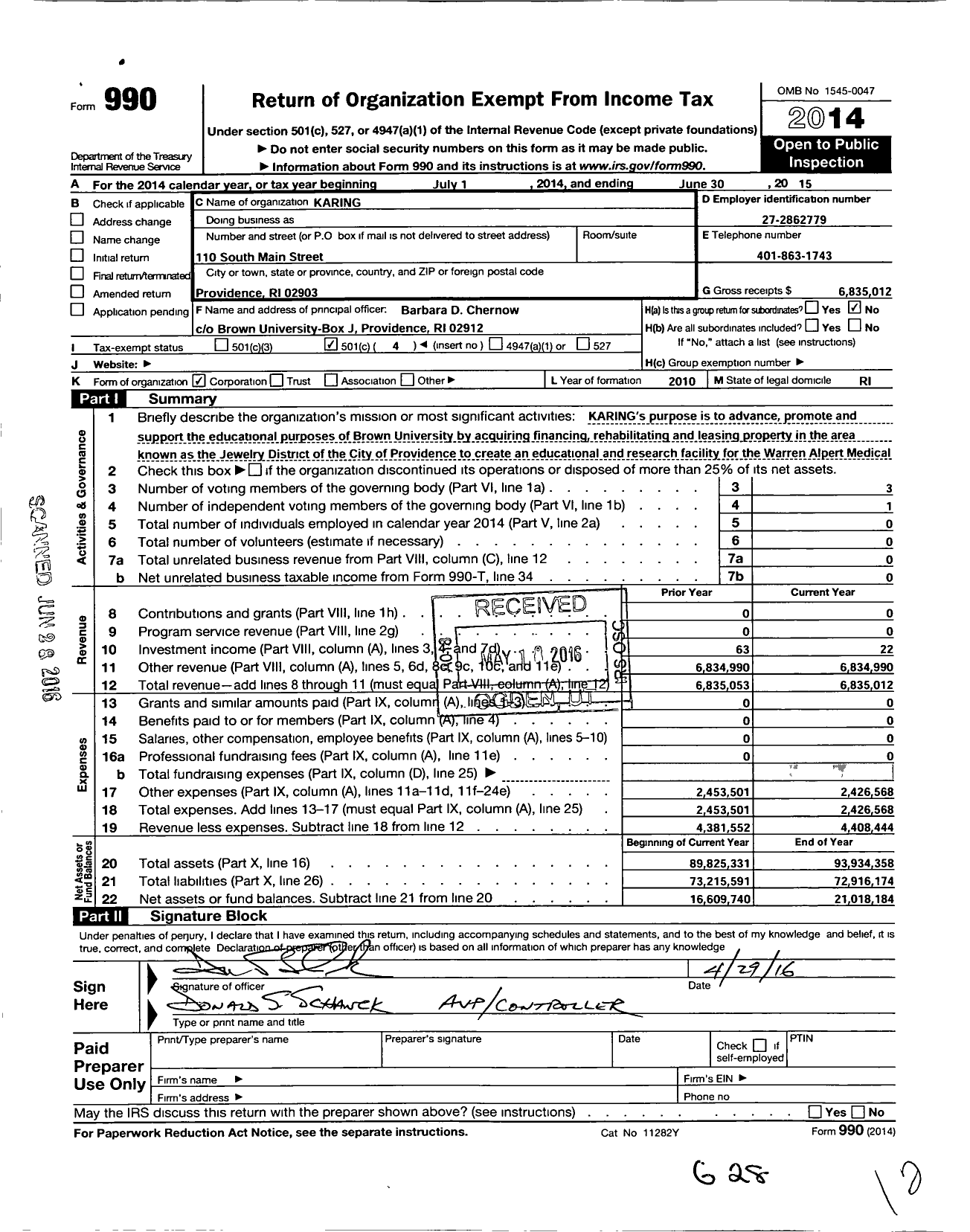 Image of first page of 2014 Form 990O for Karing