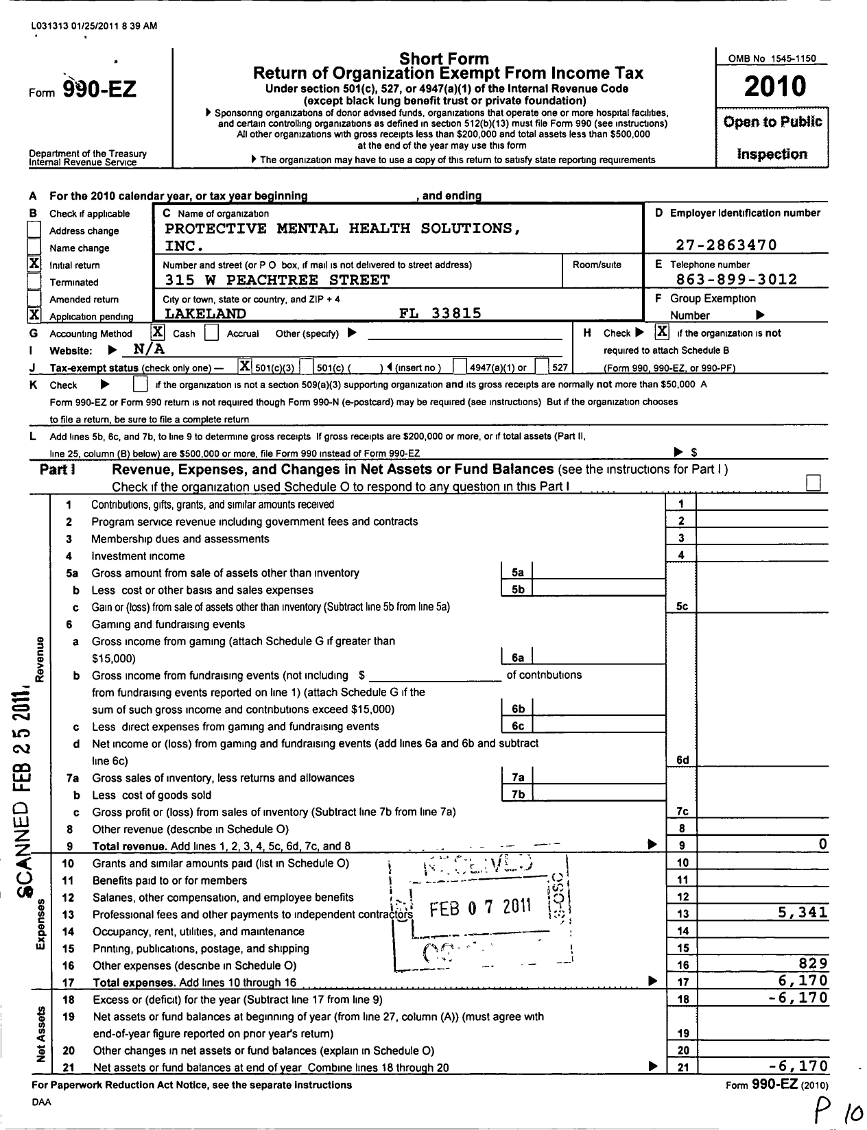 Image of first page of 2010 Form 990EZ for Protective Mental Health Solutions