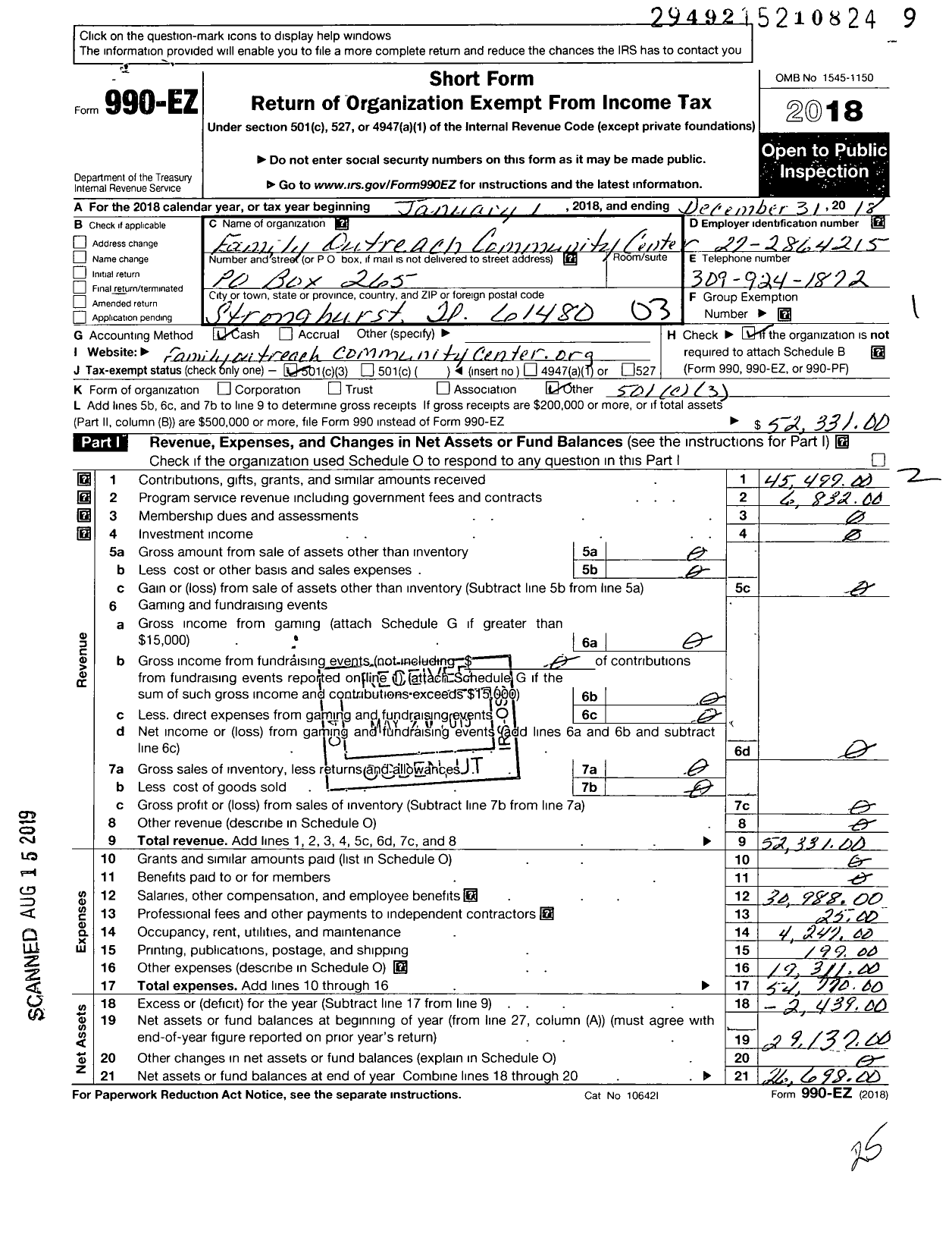 Image of first page of 2018 Form 990EZ for Family Outreach Community Center