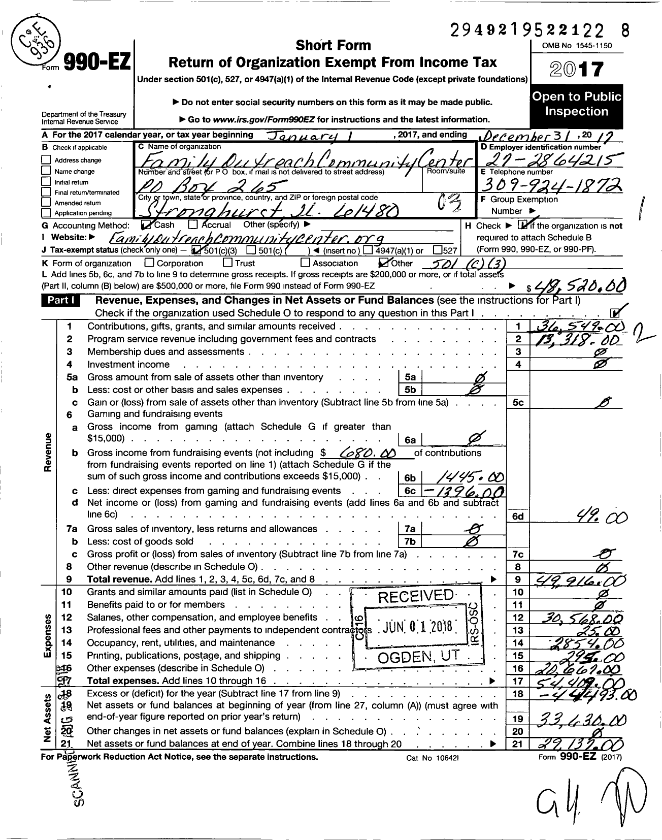 Image of first page of 2017 Form 990EZ for Family Outreach Community Center