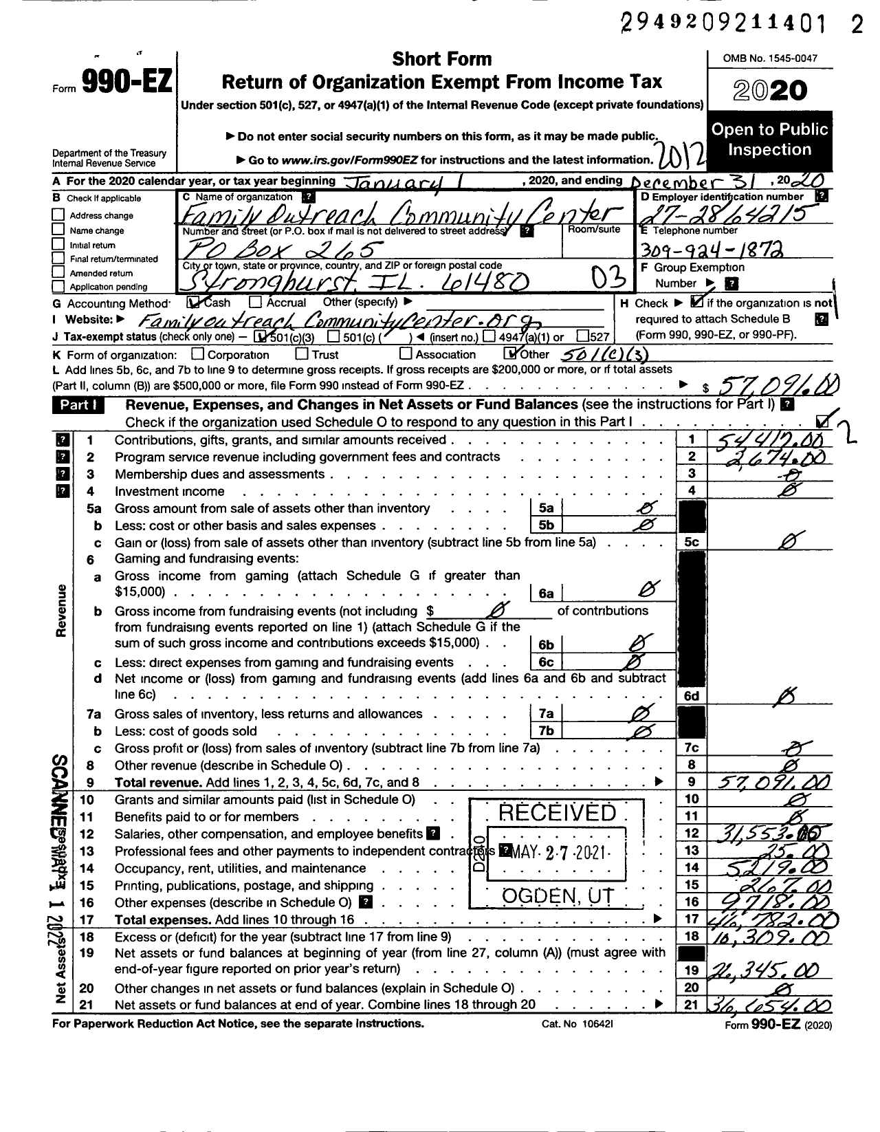 Image of first page of 2020 Form 990EZ for Family Outreach Community Center