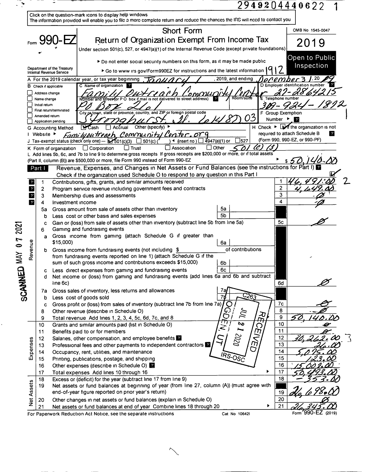 Image of first page of 2019 Form 990EZ for Family Outreach Community Center