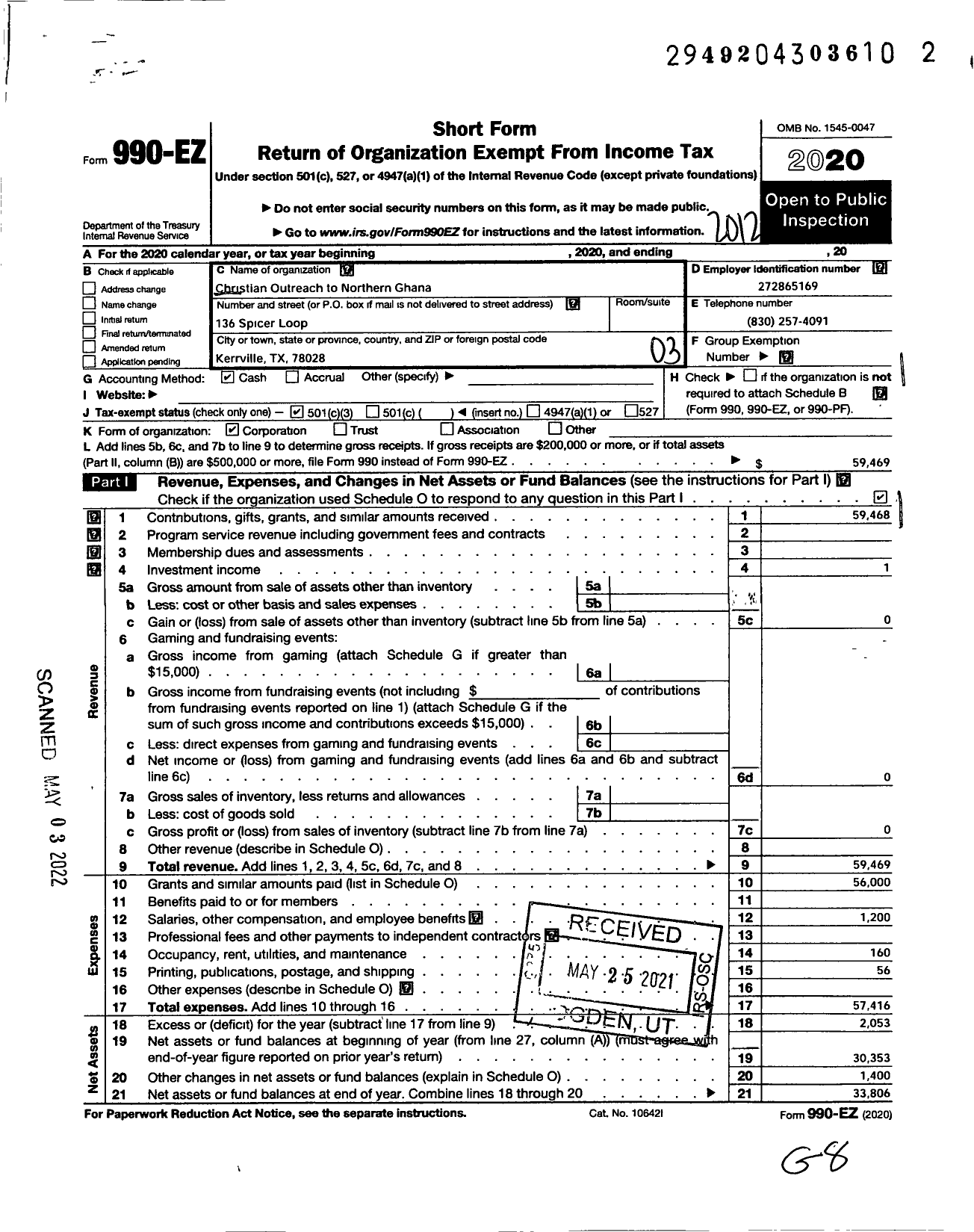 Image of first page of 2020 Form 990EZ for Christian Outreach to Northern Ghana