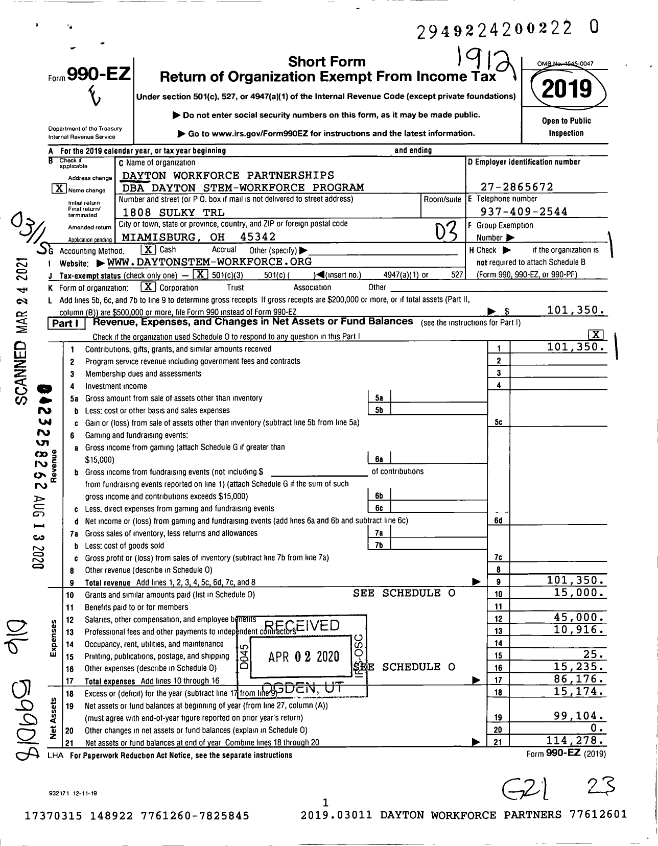 Image of first page of 2019 Form 990EZ for Dayton Workforce Partnerships