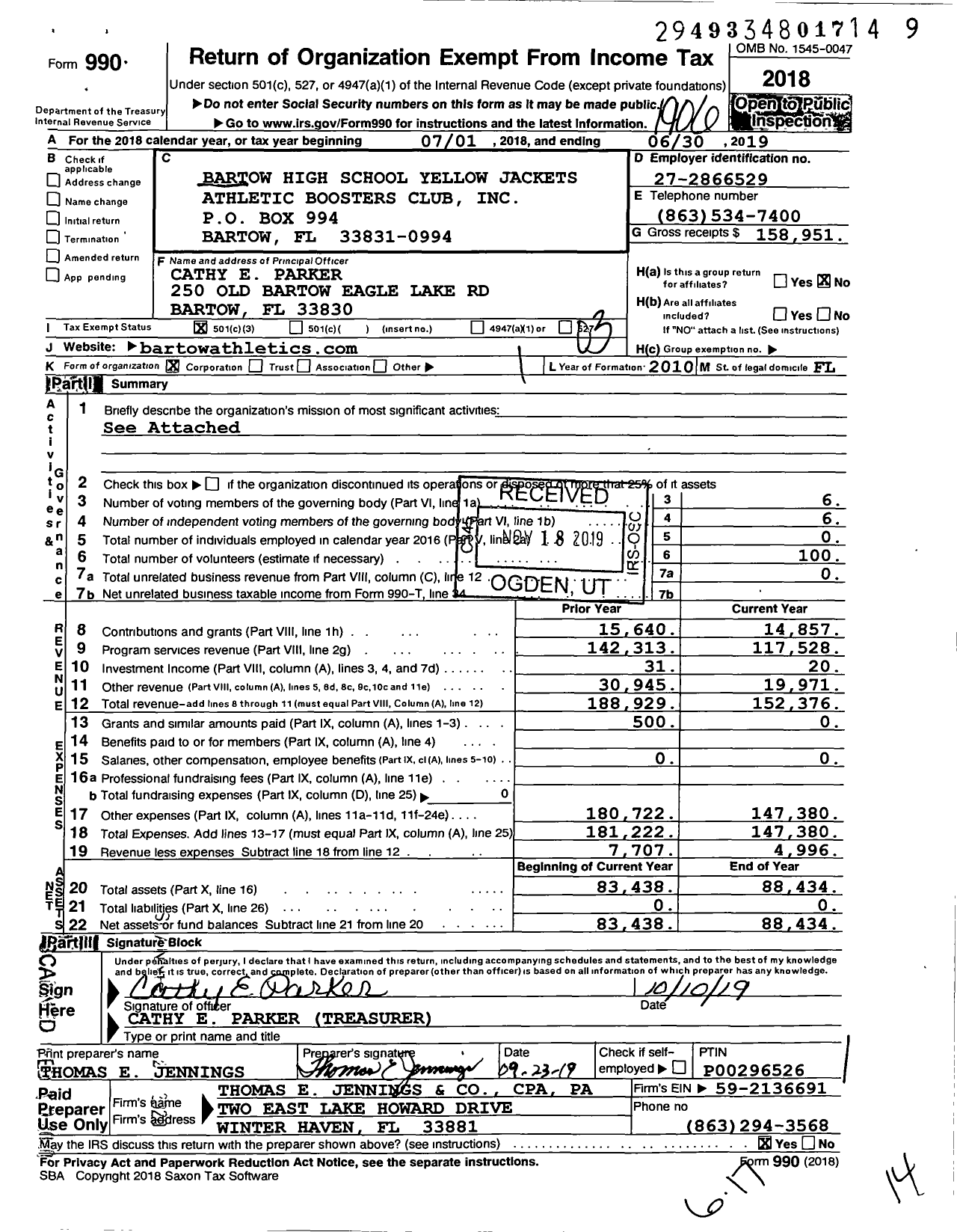 Image of first page of 2018 Form 990 for Bartow High School Yellow Jackets Athletic Boosters Club