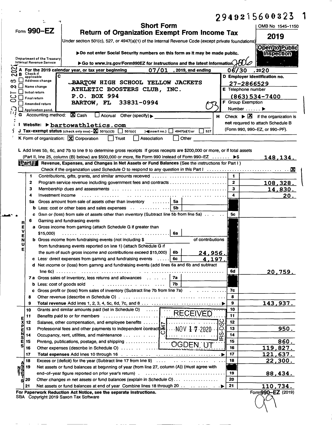 Image of first page of 2019 Form 990EZ for Bartow High School Yellow Jackets Athletic Boosters Club