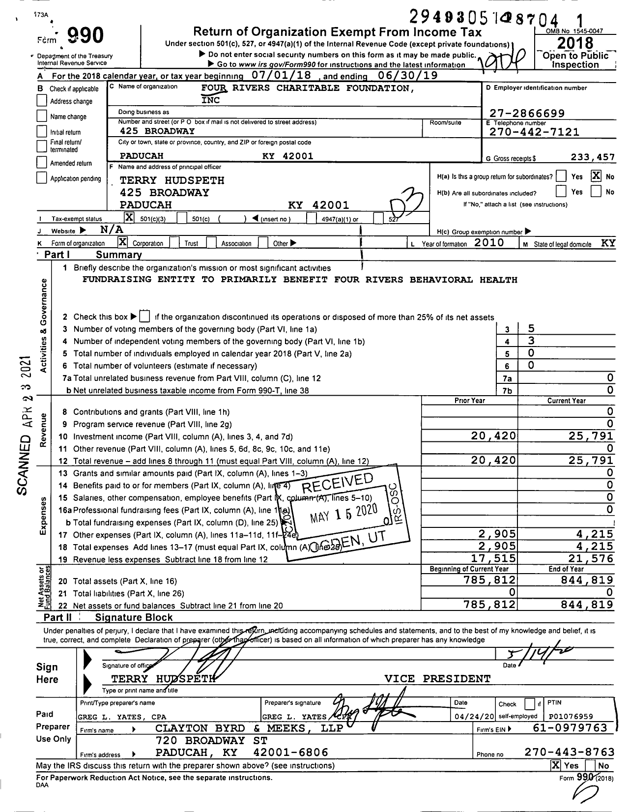 Image of first page of 2018 Form 990 for Four Rivers Charitable Foundation