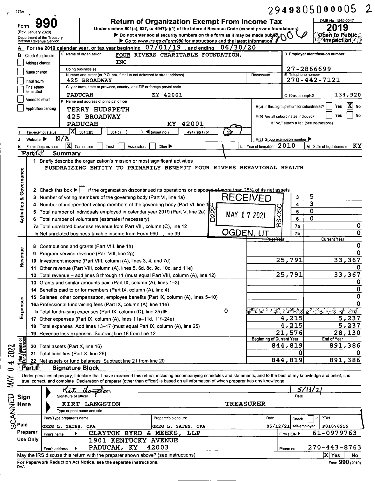 Image of first page of 2019 Form 990 for Four Rivers Charitable Foundation