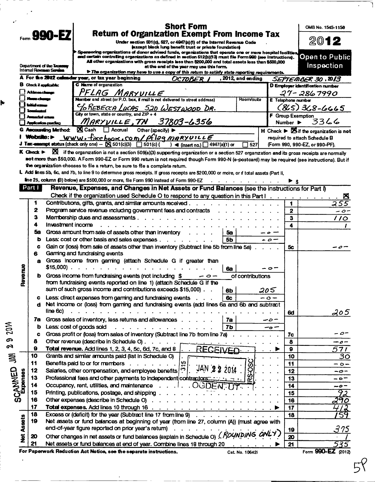 Image of first page of 2012 Form 990EZ for Parents Families and Friends of Lesbians and Gay / Pflag Maryville
