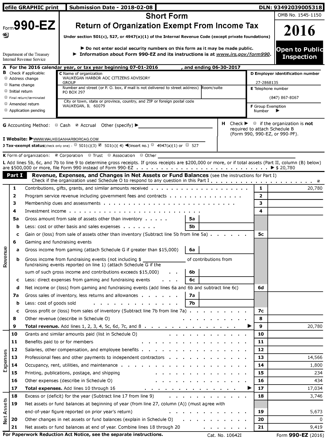 Image of first page of 2016 Form 990EZ for Waukegan Harbor Aoc Citizens Advisory Group