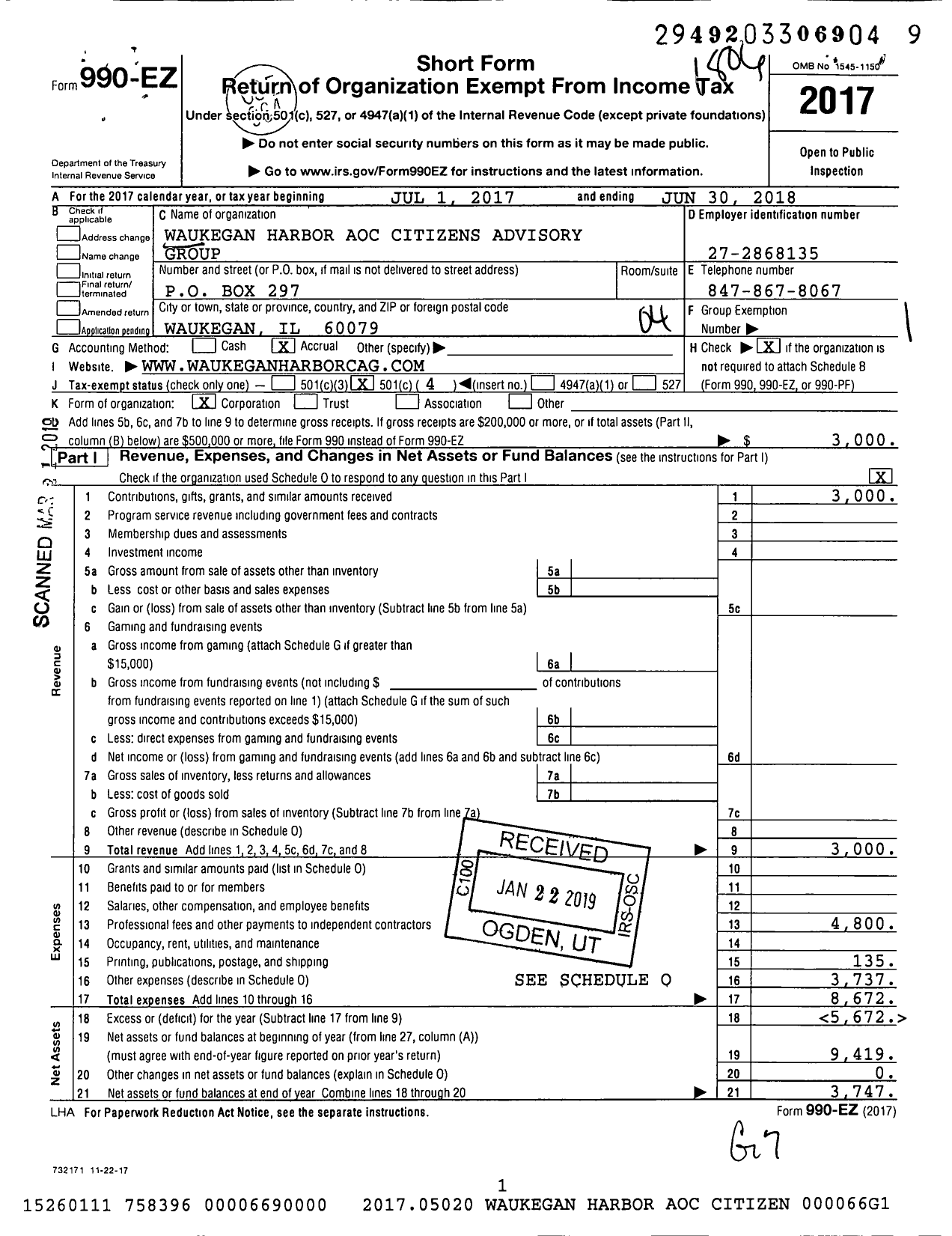 Image of first page of 2017 Form 990EO for Waukegan Harbor Aoc Citizens Advisory Group