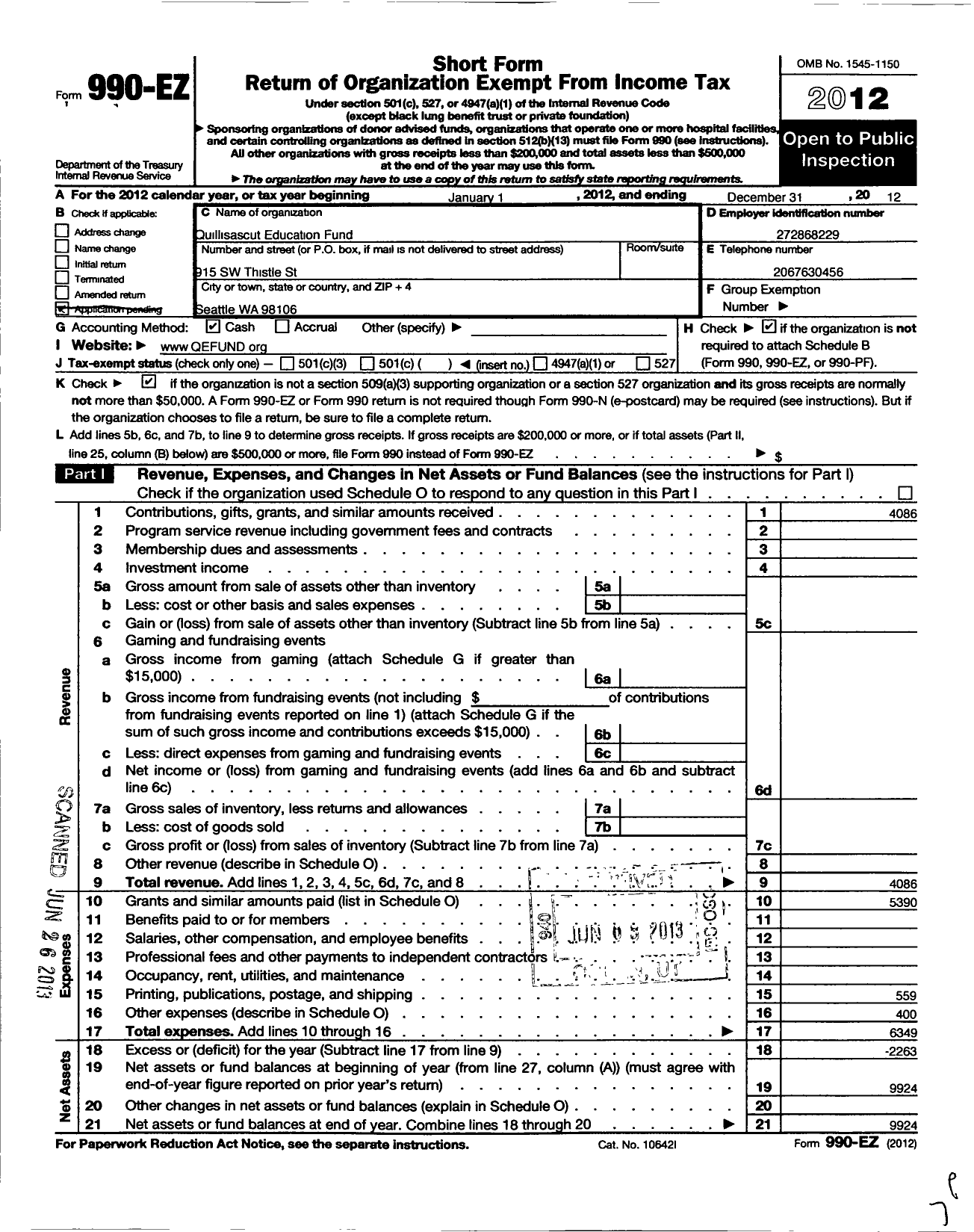 Image of first page of 2012 Form 990EO for Quillisascut Education Fund