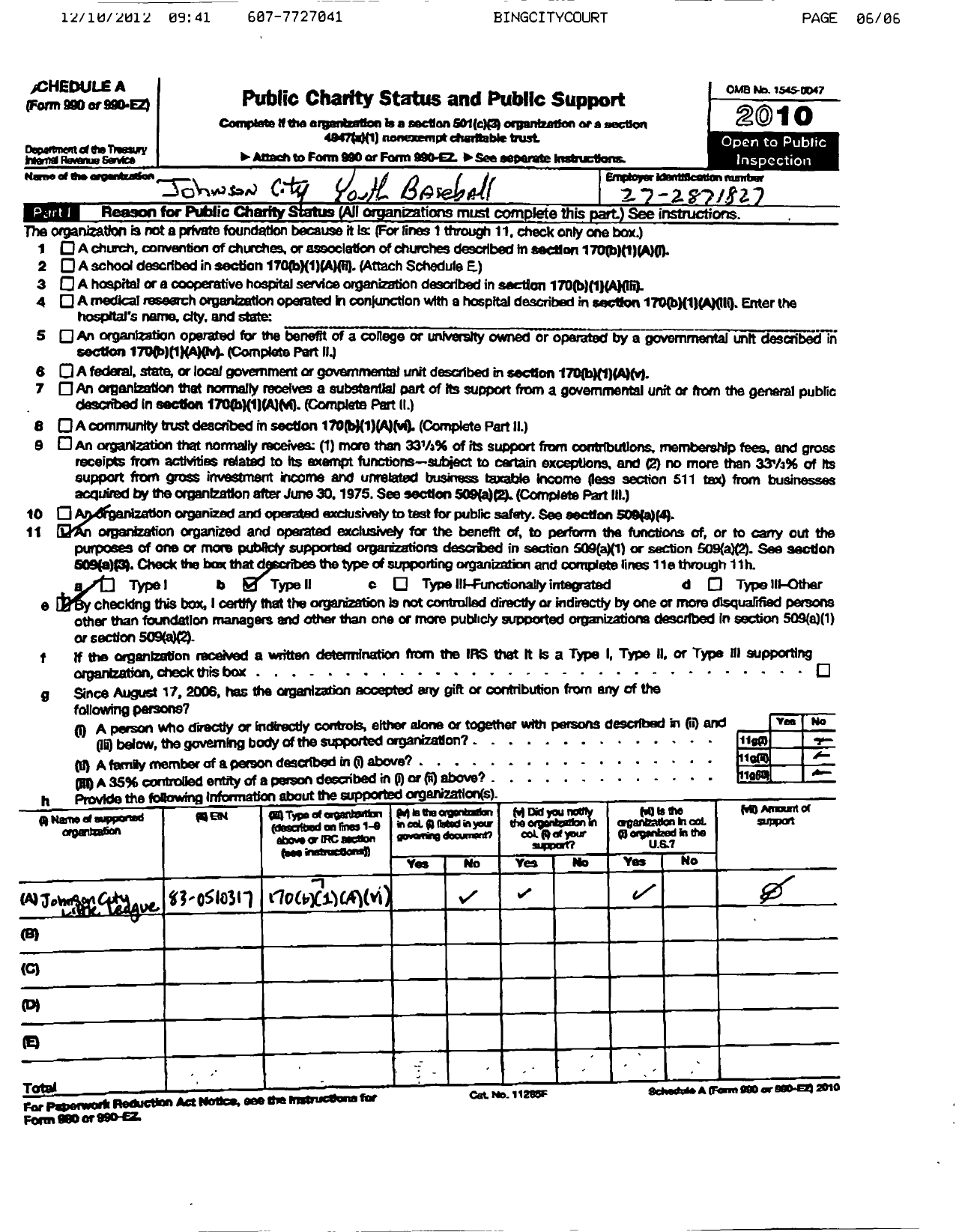 Image of first page of 2010 Form 990ER for Johnson City Youth Baseball