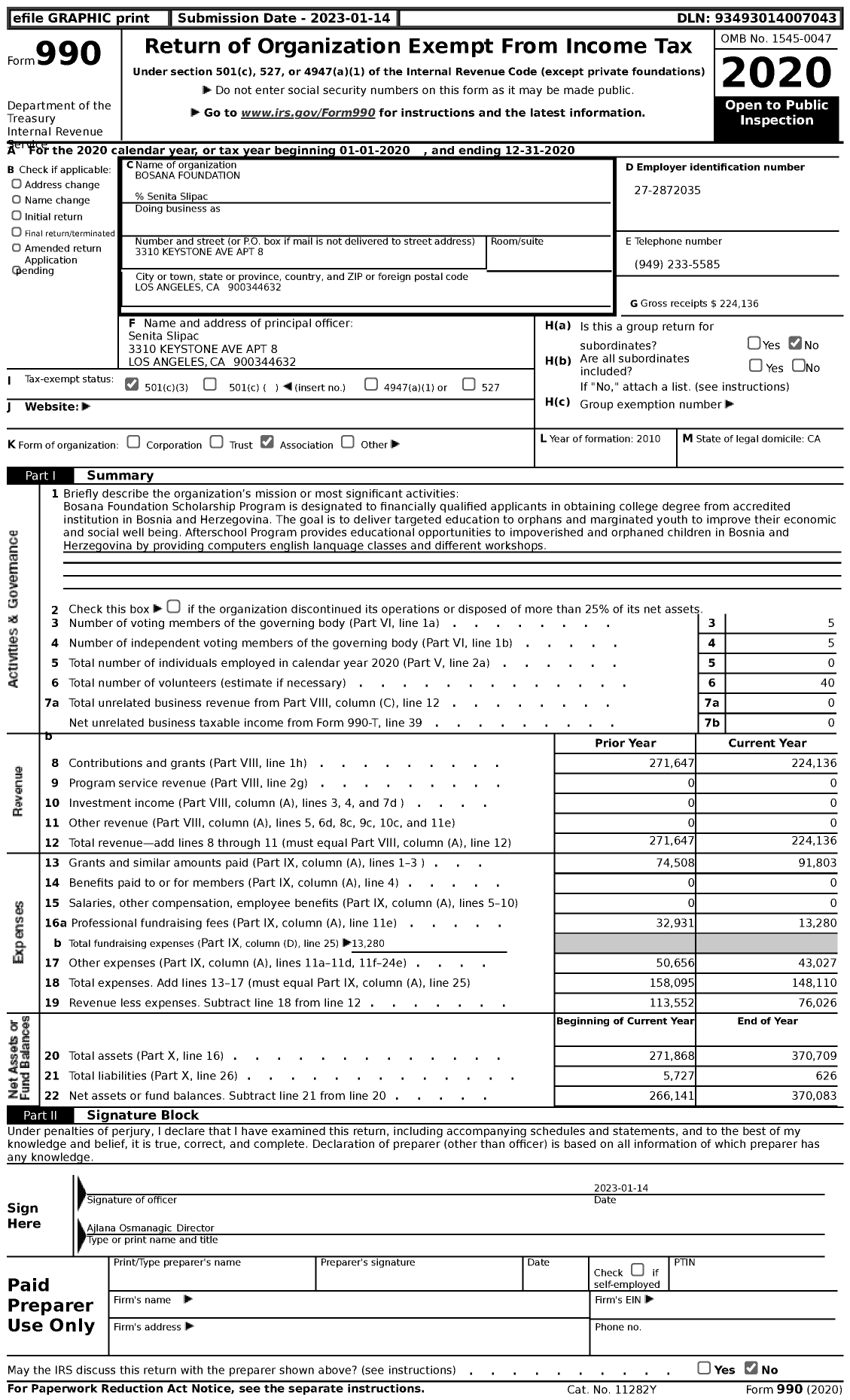 Image of first page of 2020 Form 990 for Bosana Foundation