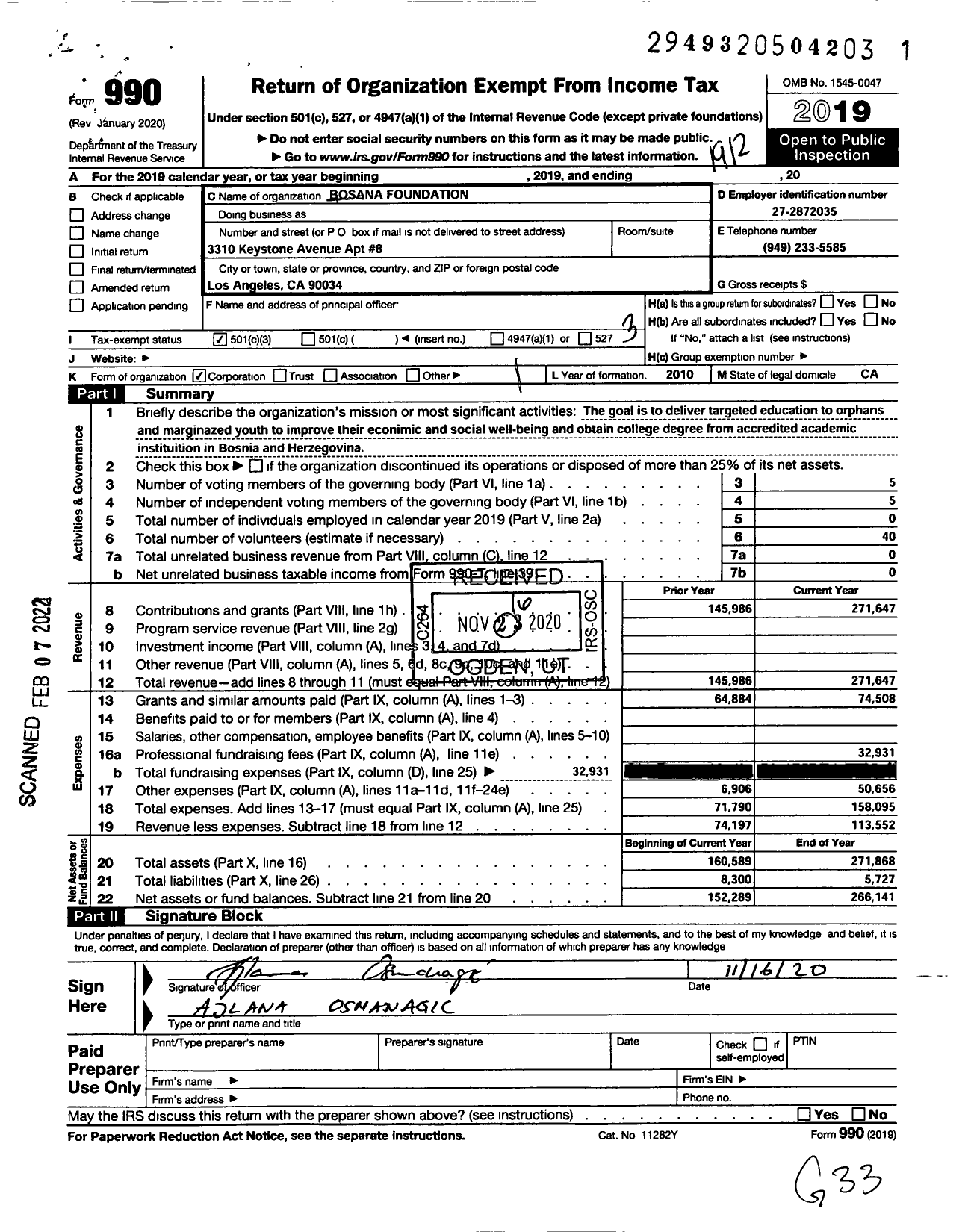 Image of first page of 2019 Form 990 for Bosana Foundation