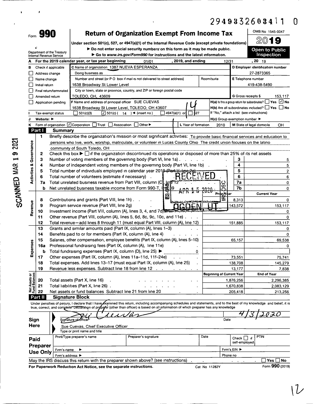 Image of first page of 2019 Form 990O for 1387 Nueva ESPERANZA Nueva ESPERANZA Community Credit Union