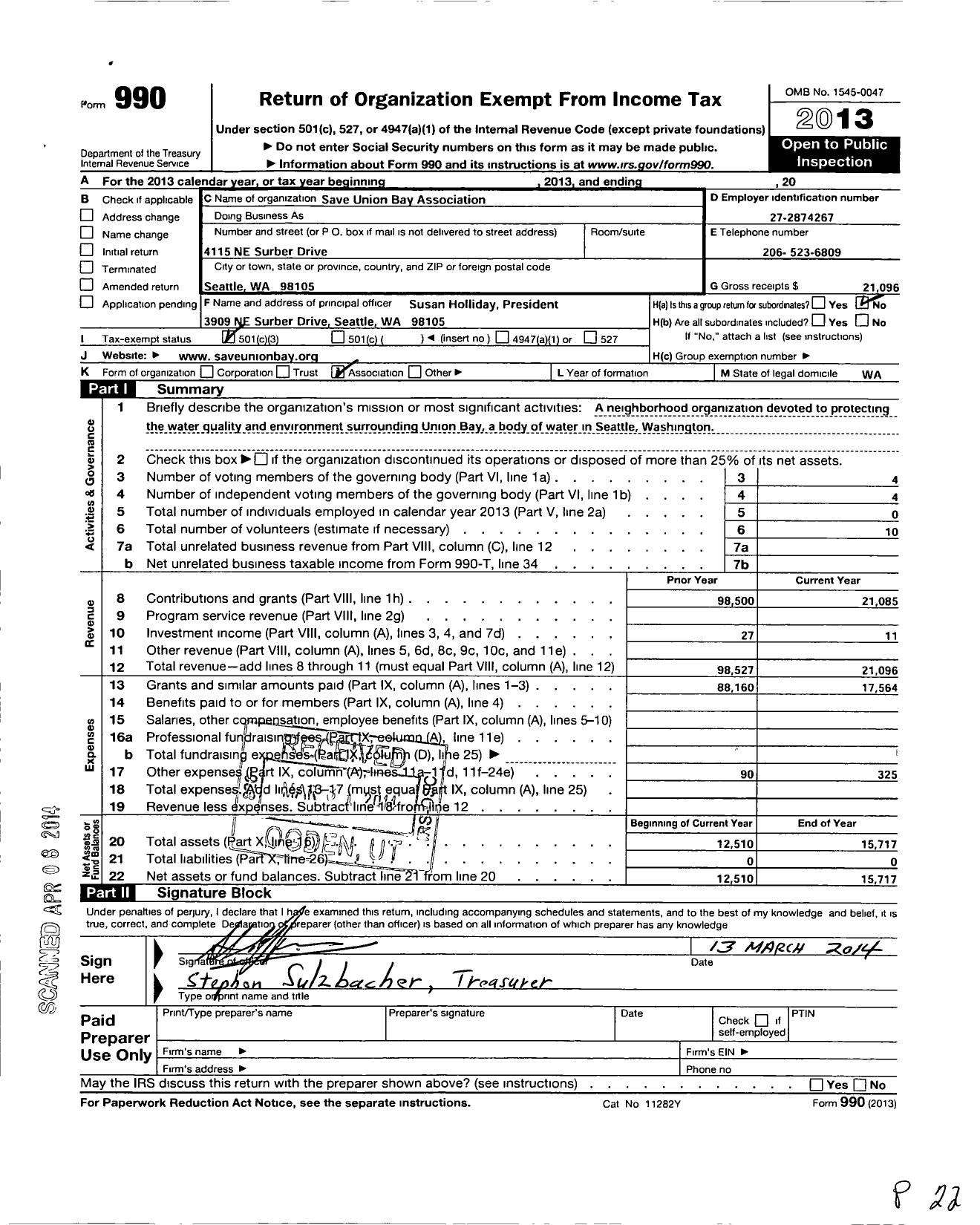 Image of first page of 2013 Form 990 for Save Union Bay Association