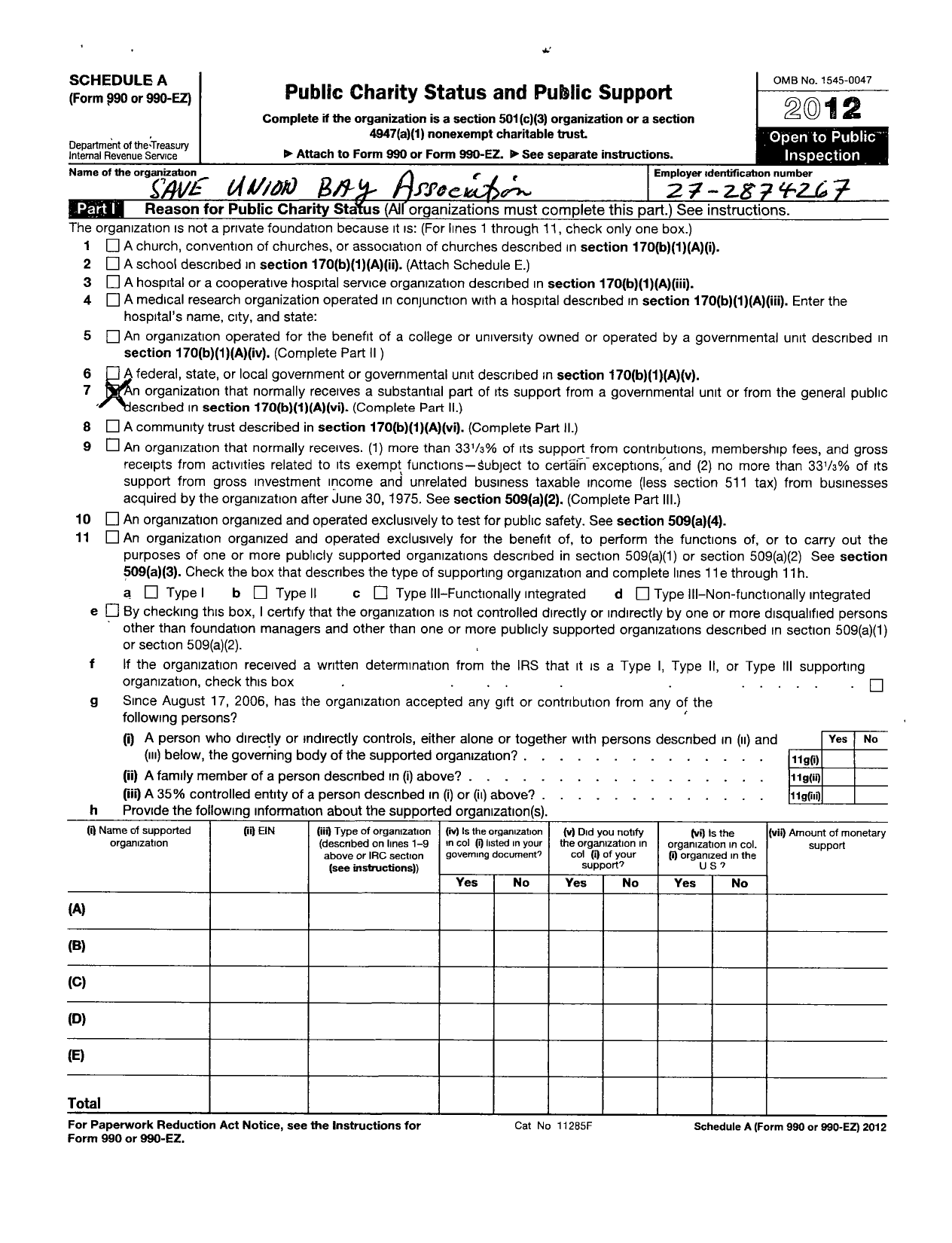 Image of first page of 2012 Form 990R for Save Union Bay Association