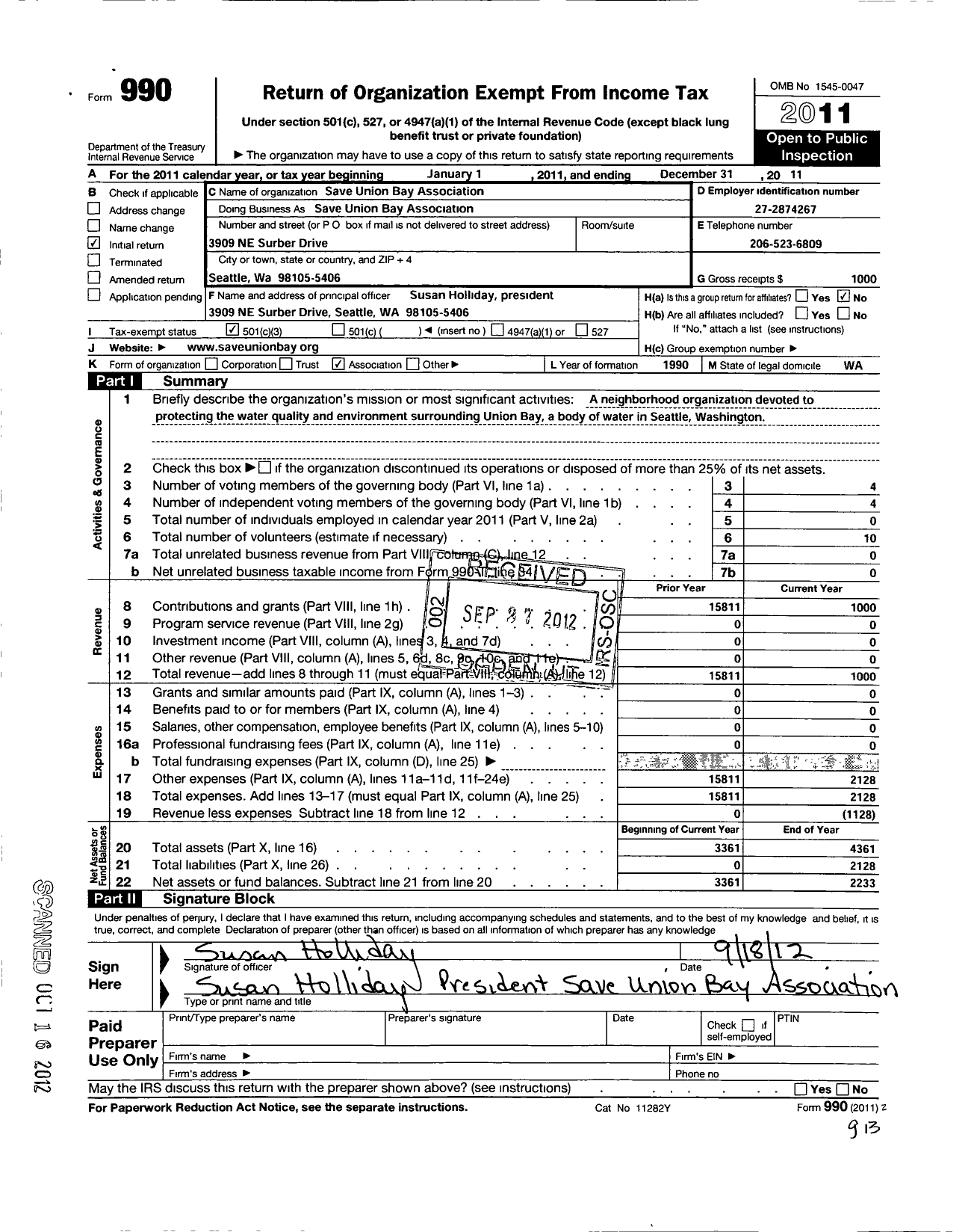 Image of first page of 2011 Form 990 for Save Union Bay Association