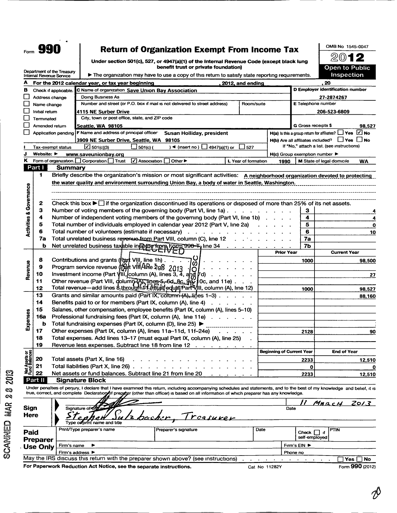 Image of first page of 2012 Form 990 for Save Union Bay Association