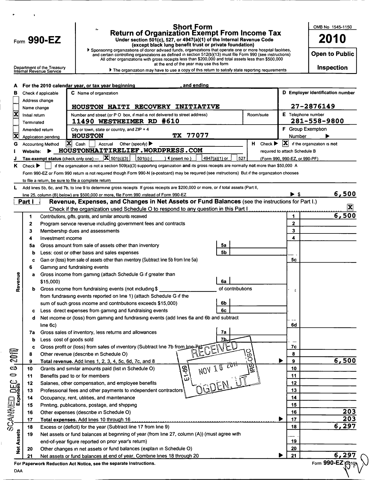 Image of first page of 2010 Form 990EZ for Houston Haiti Recovery Initiative