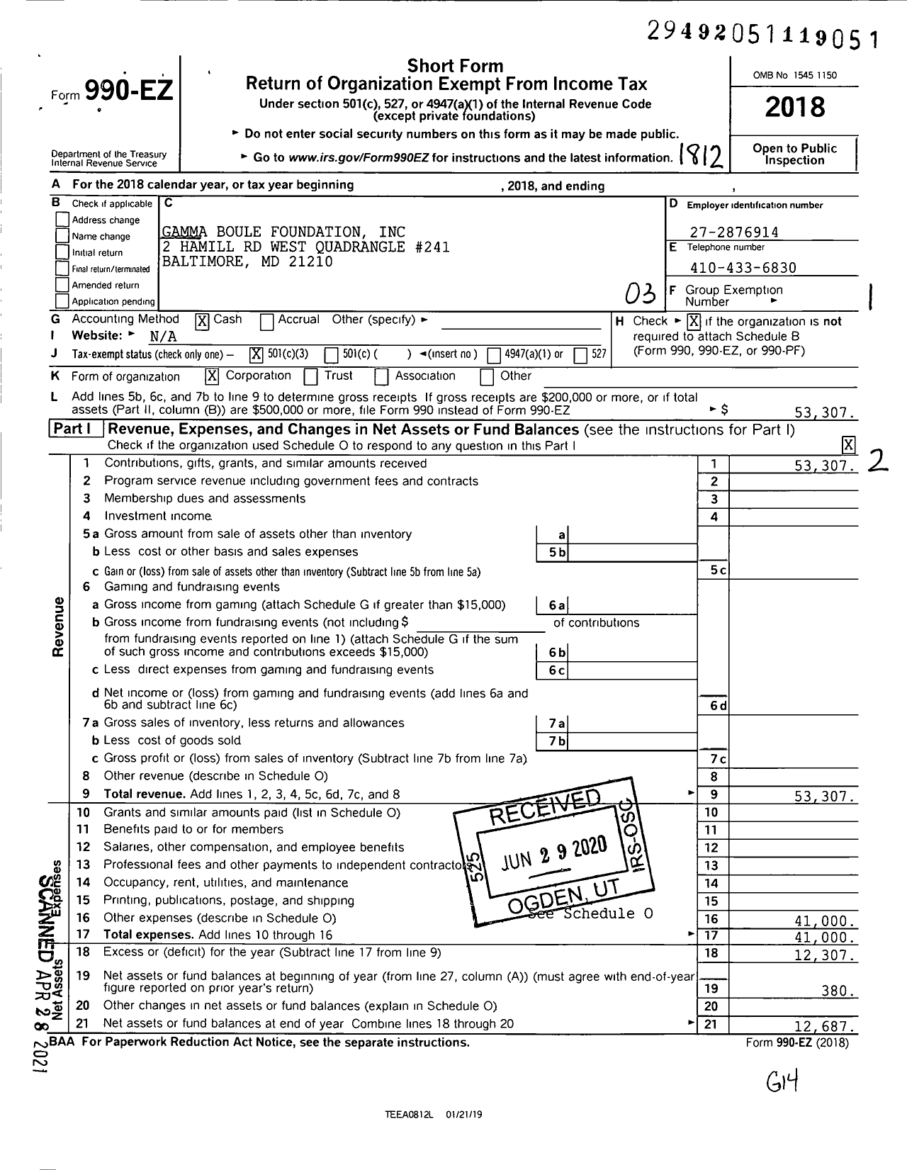 Image of first page of 2018 Form 990EZ for Gamma Boule Foundation