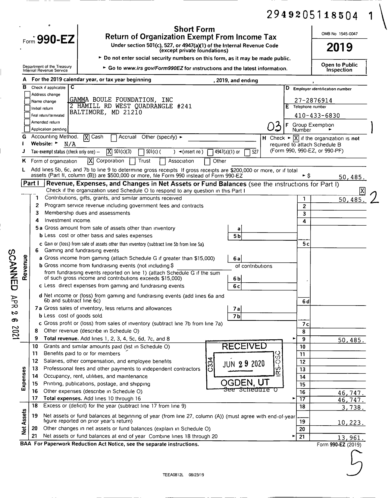 Image of first page of 2019 Form 990EZ for Gamma Boule Foundation