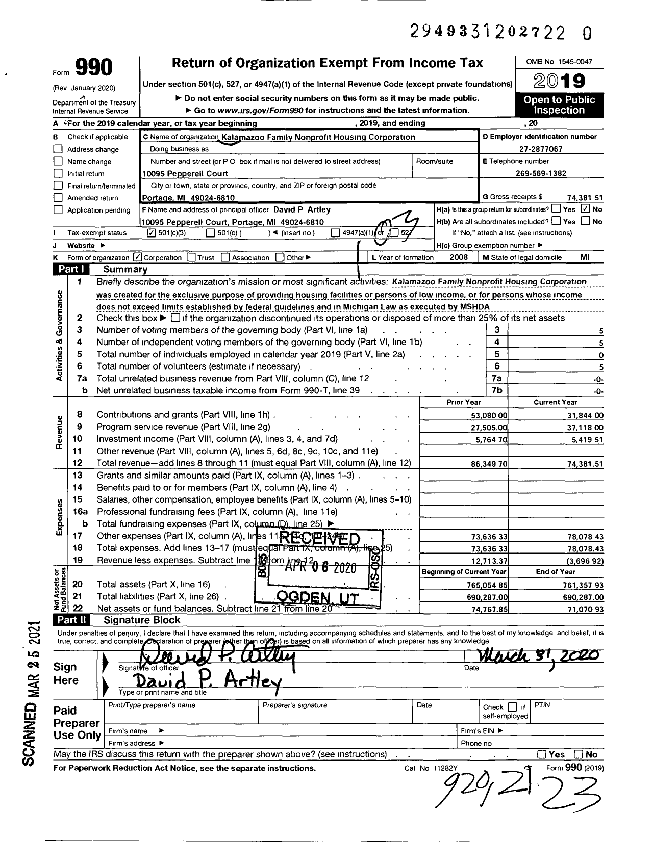 Image of first page of 2019 Form 990 for Kalamazoo Family Nonprofit Housing Corporation