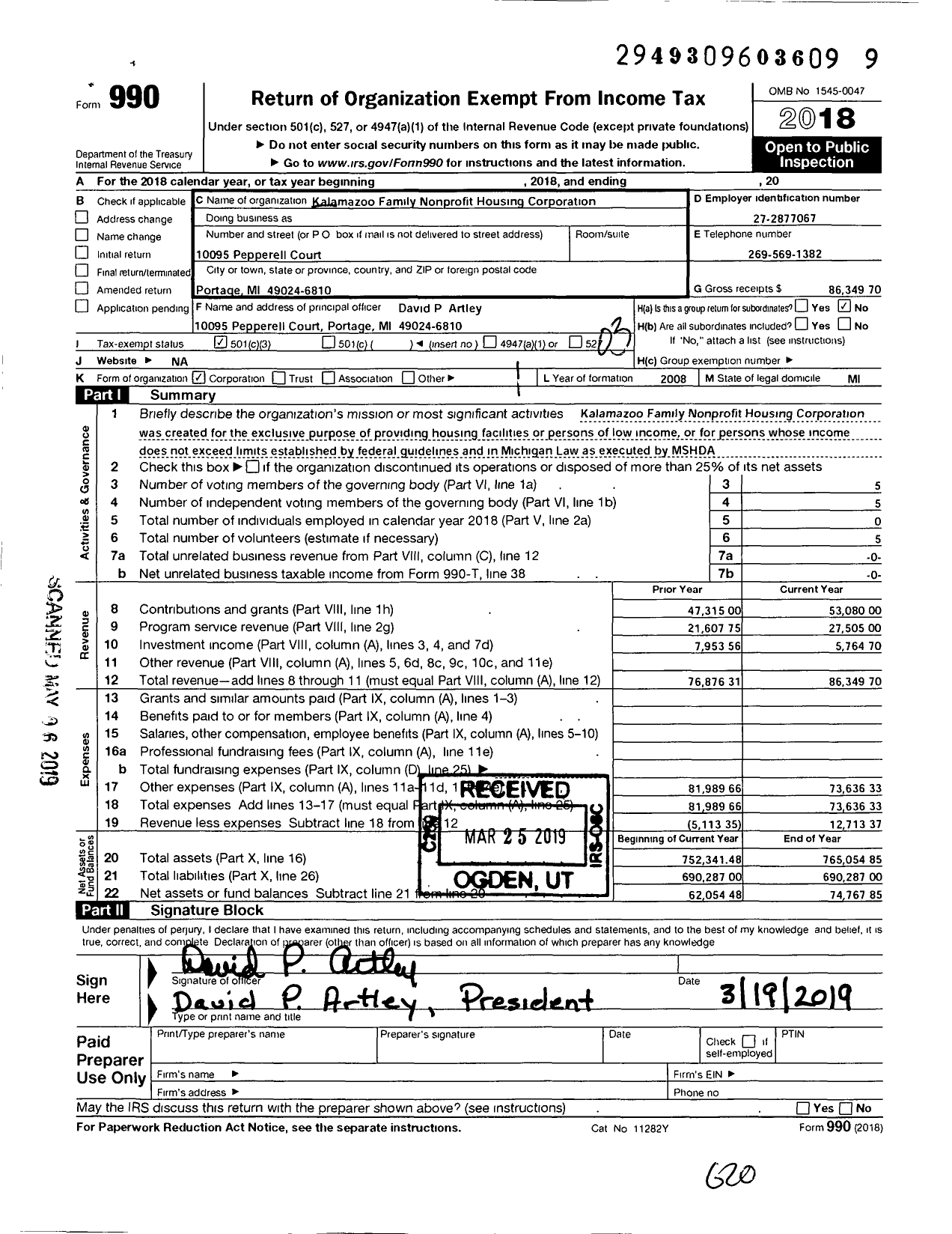 Image of first page of 2018 Form 990 for Kalamazoo Family Nonprofit Housing Corporation